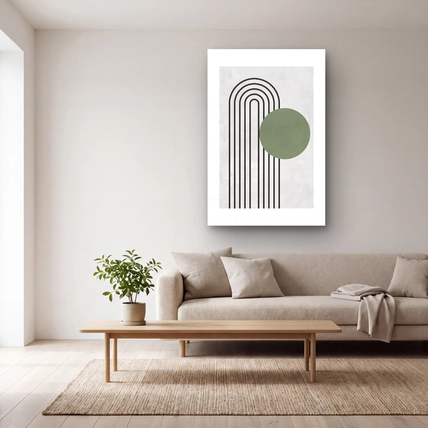 Bauhaus Geometrik Daireler No. 49 cam tablo — açık renk salonda