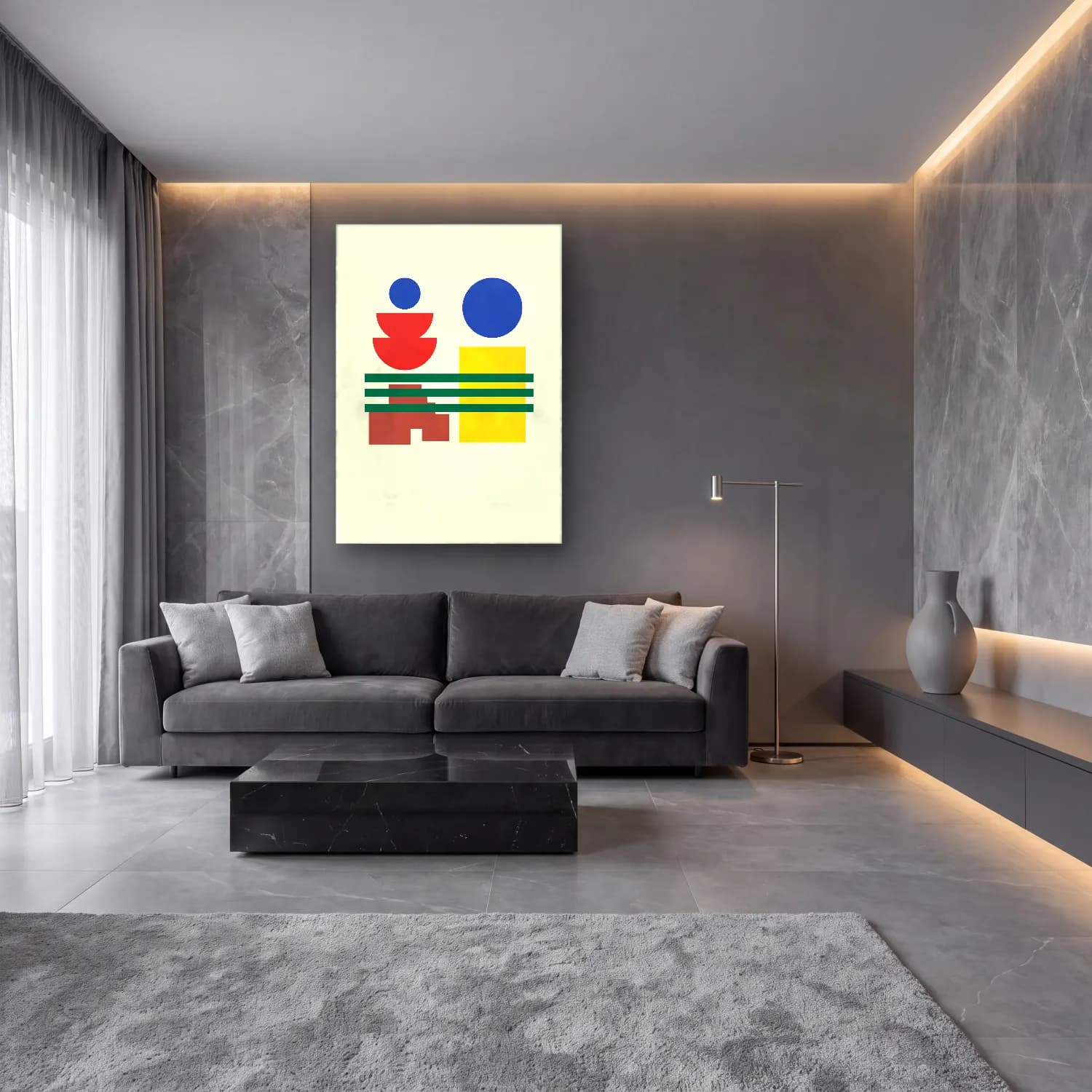 Bauhaus Soyut Formlar No. 11 cam tablo — lüks salon duvarında