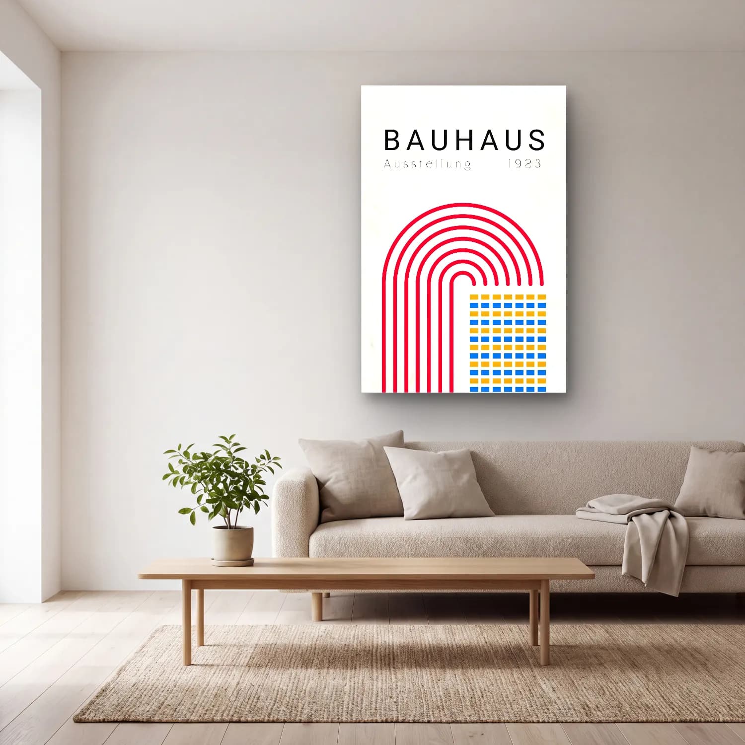 Bauhaus Yazılı Tasarım No. 11 cam tablo — açık renk salonda