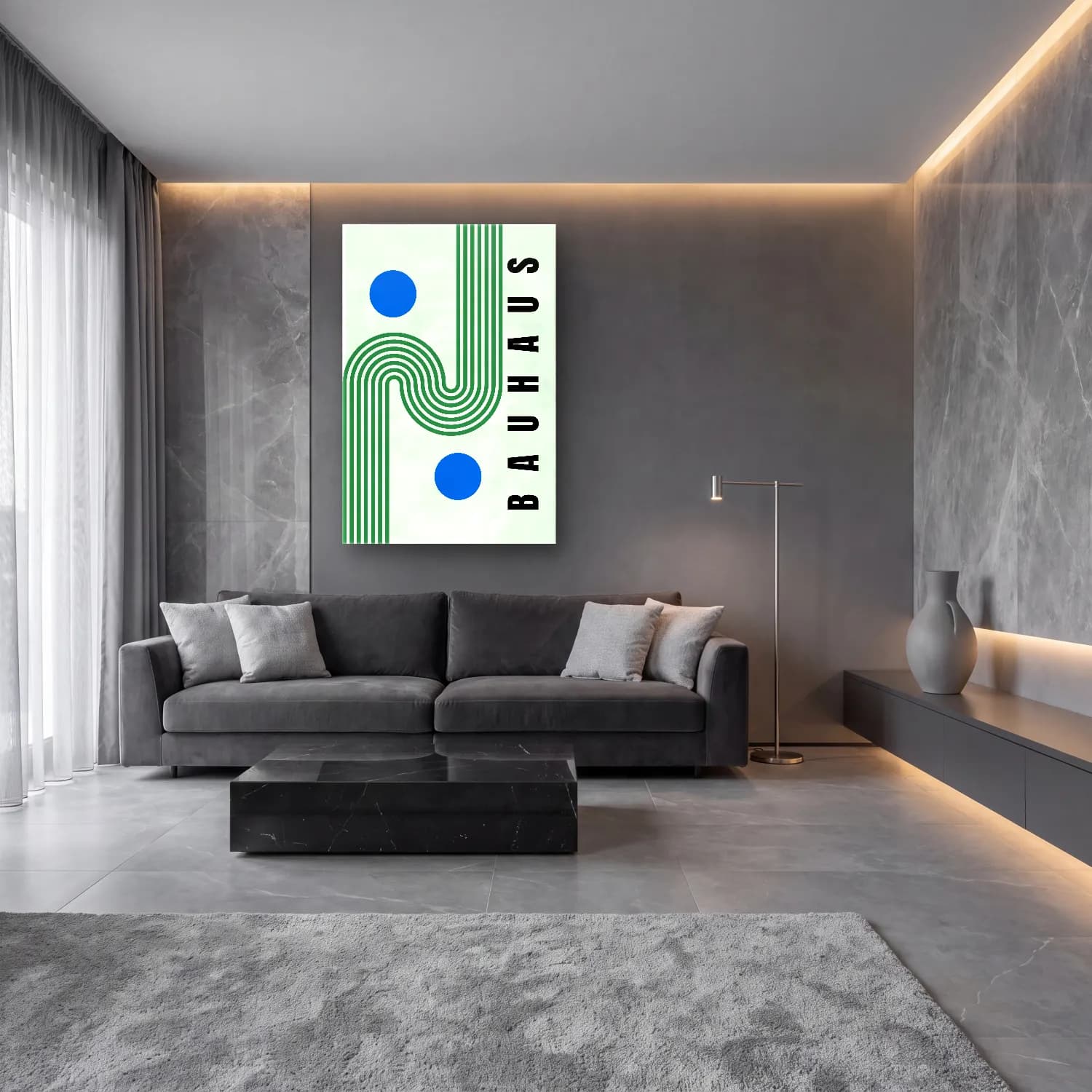 Bauhaus Geometrik Daireler No. 50 cam tablo — lüks salon duvarında
