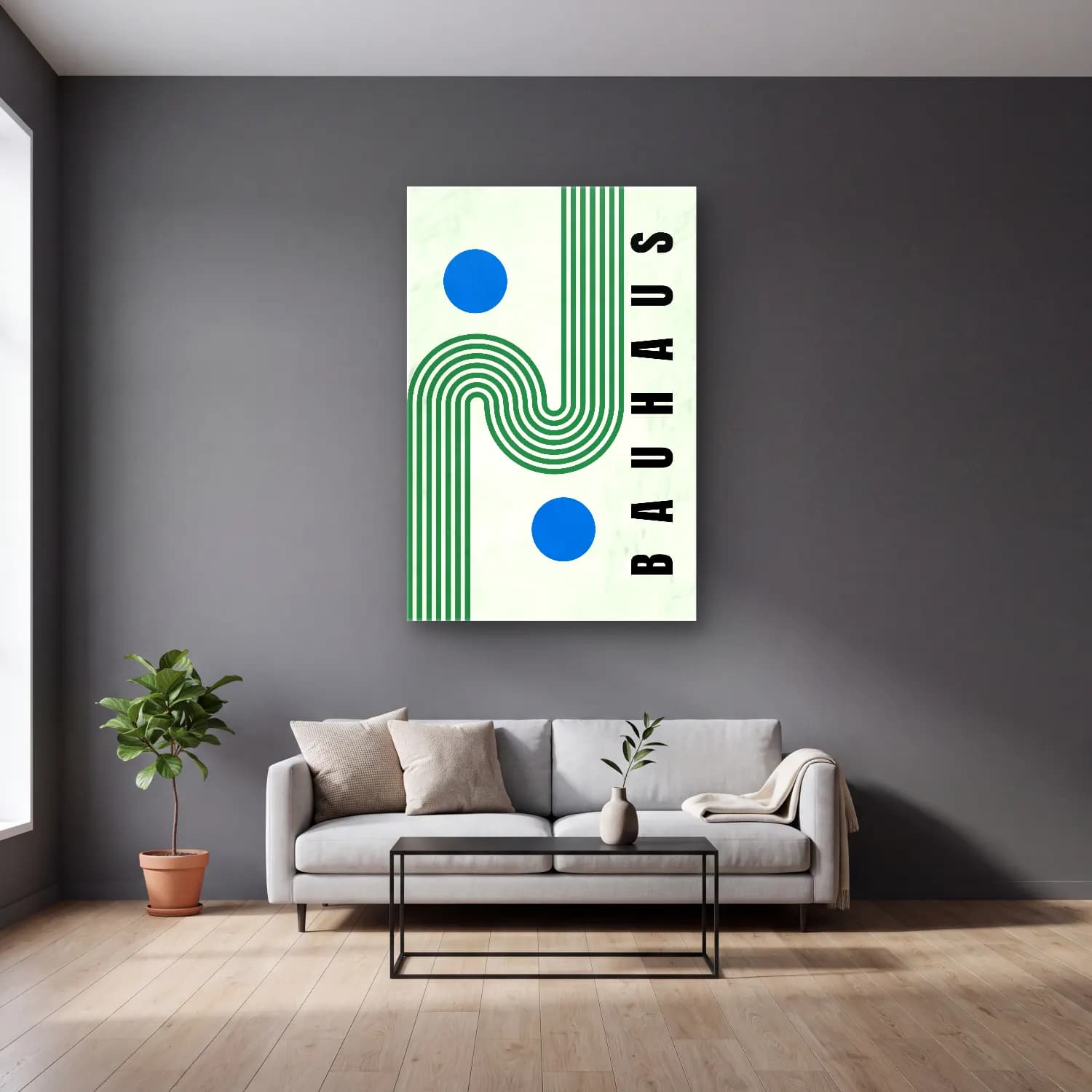 Bauhaus Geometrik Daireler No. 50 cam tablo — gri duvarlı salonda