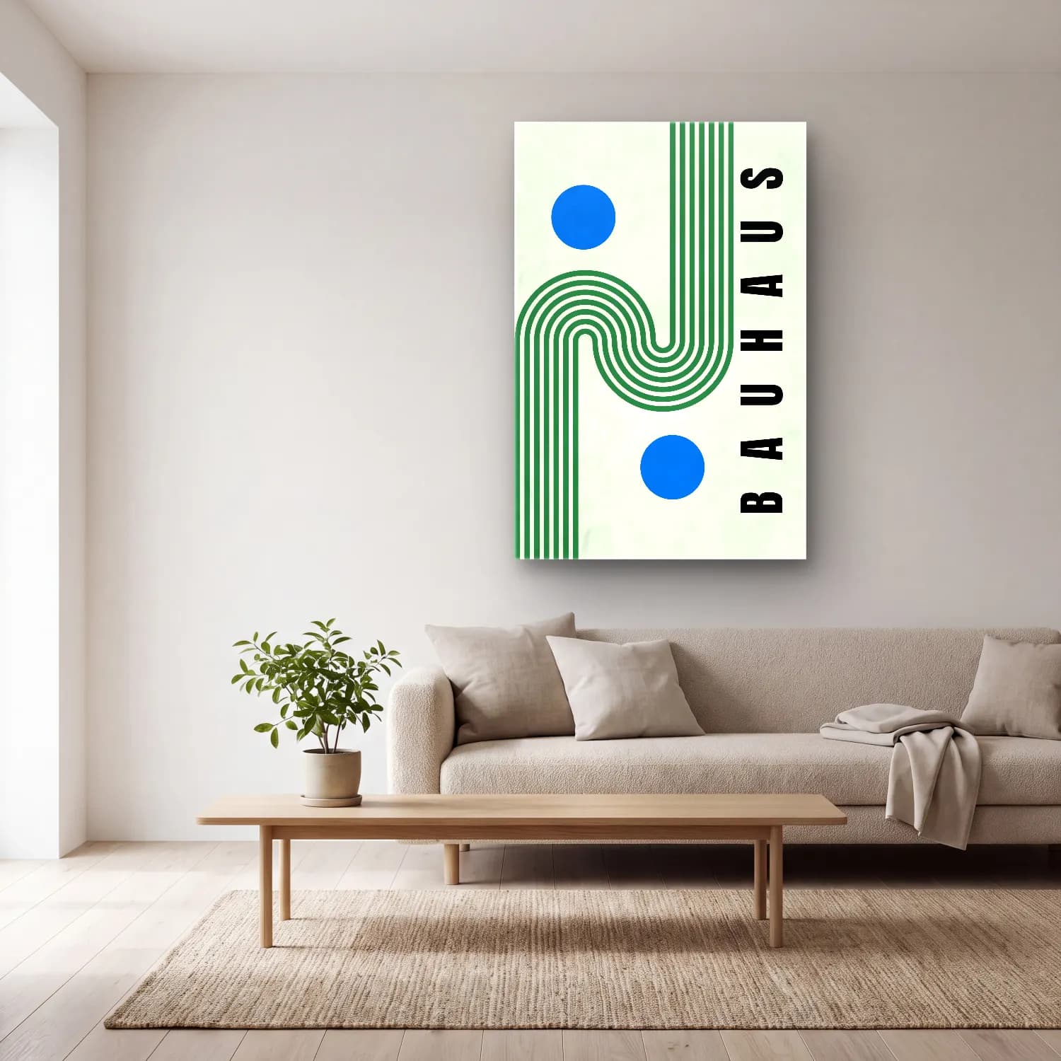 Bauhaus Geometrik Daireler No. 50 cam tablo — açık renk salonda