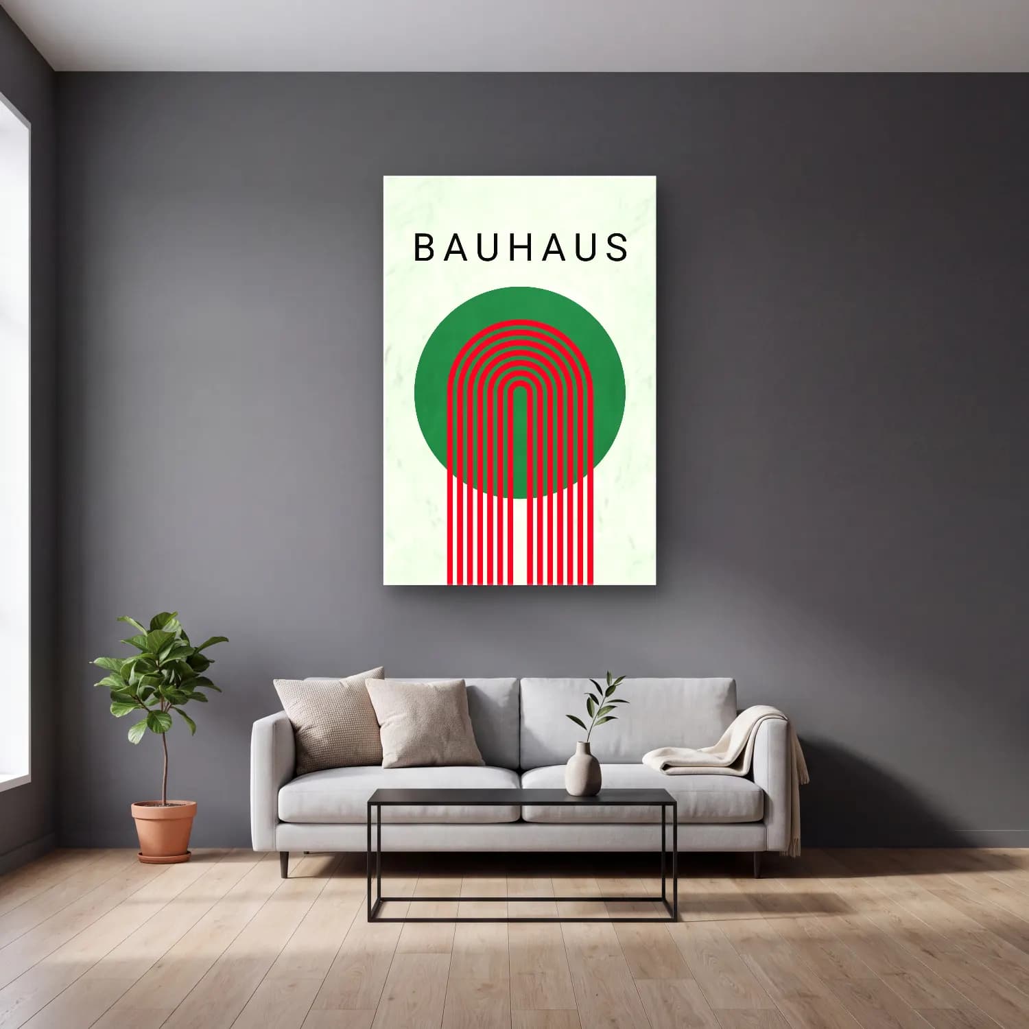 Bauhaus Soyut Kemer No. 17 cam tablo — gri duvarlı salonda
