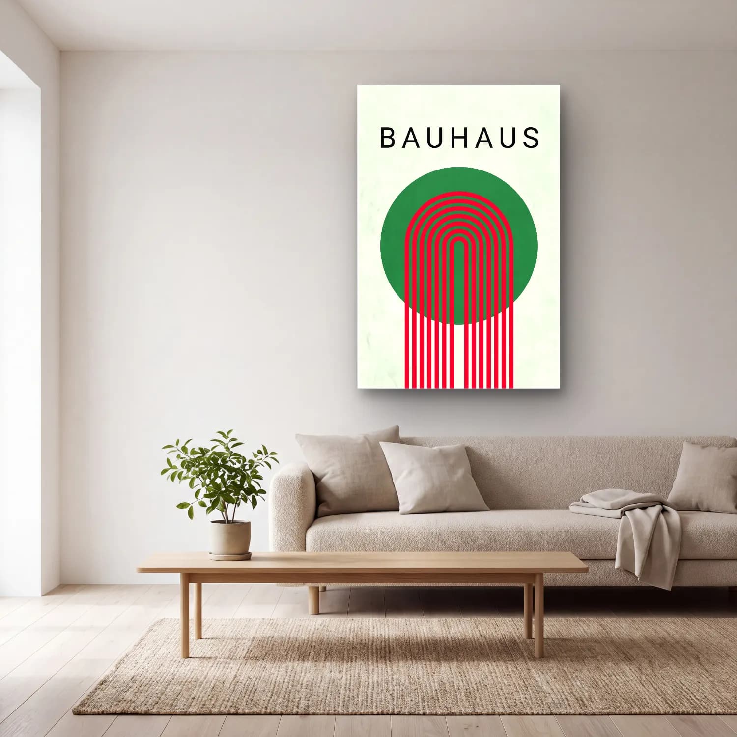 Bauhaus Soyut Kemer No. 17 cam tablo — açık renk salonda