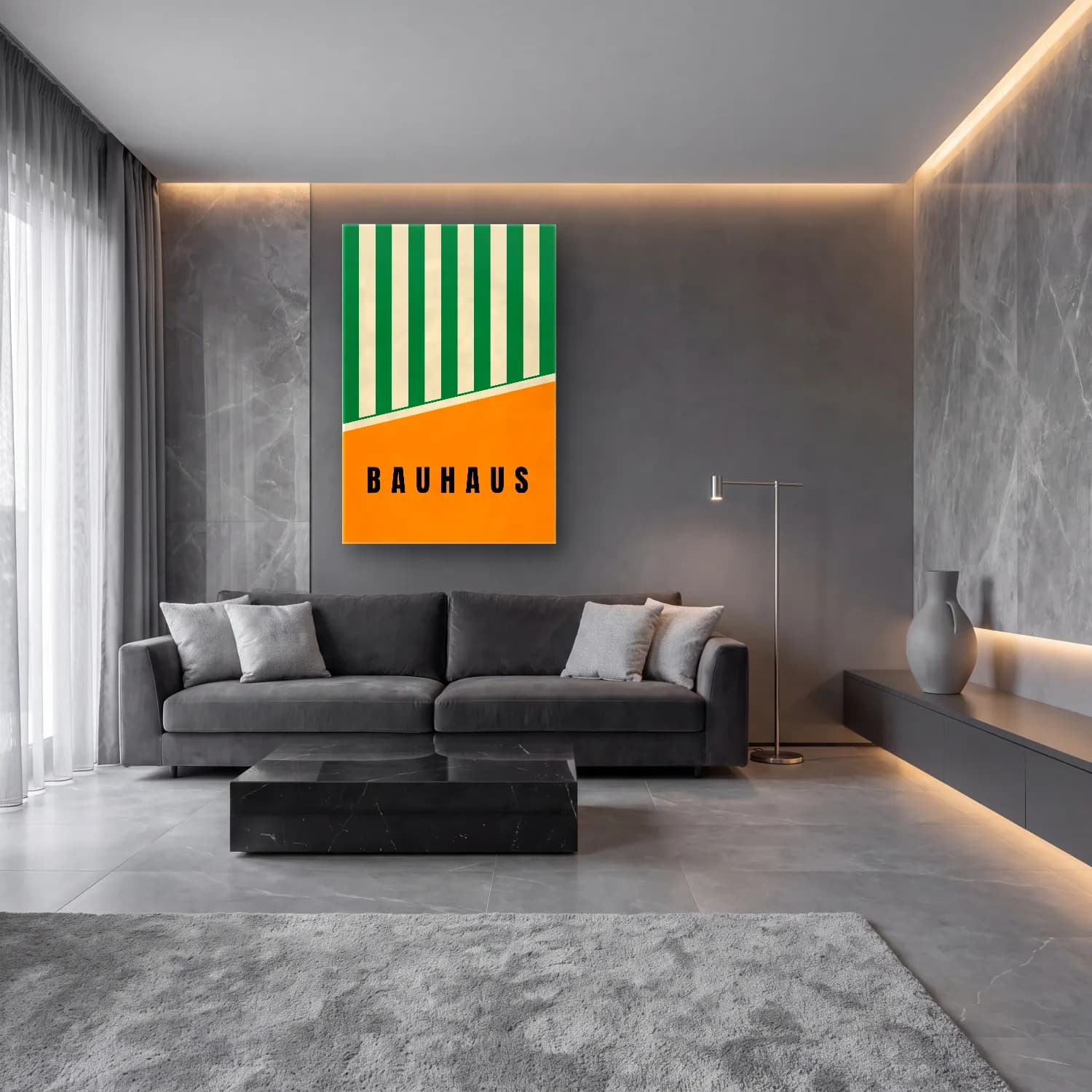 Bauhaus Yazılı Tasarım No. 12 cam tablo — lüks salon duvarında