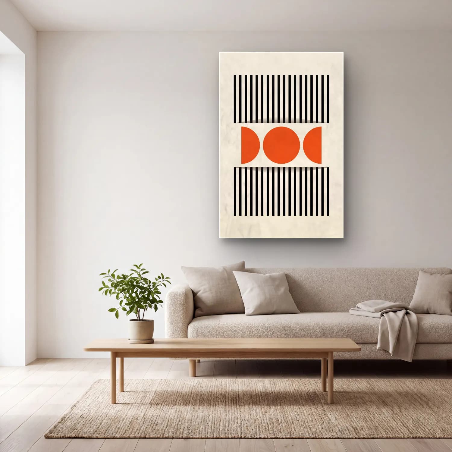 Bauhaus Geometrik Daireler No. 51 cam tablo — açık renk salonda
