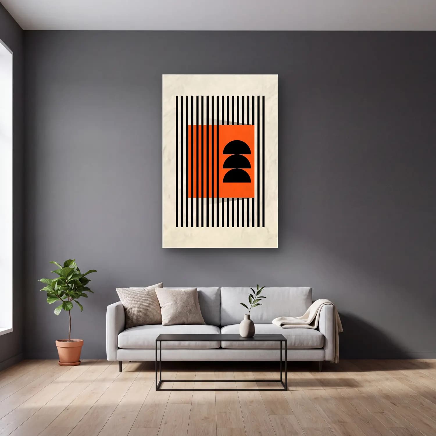 Bauhaus Soyut Kemer No. 18 cam tablo — gri duvarlı salonda