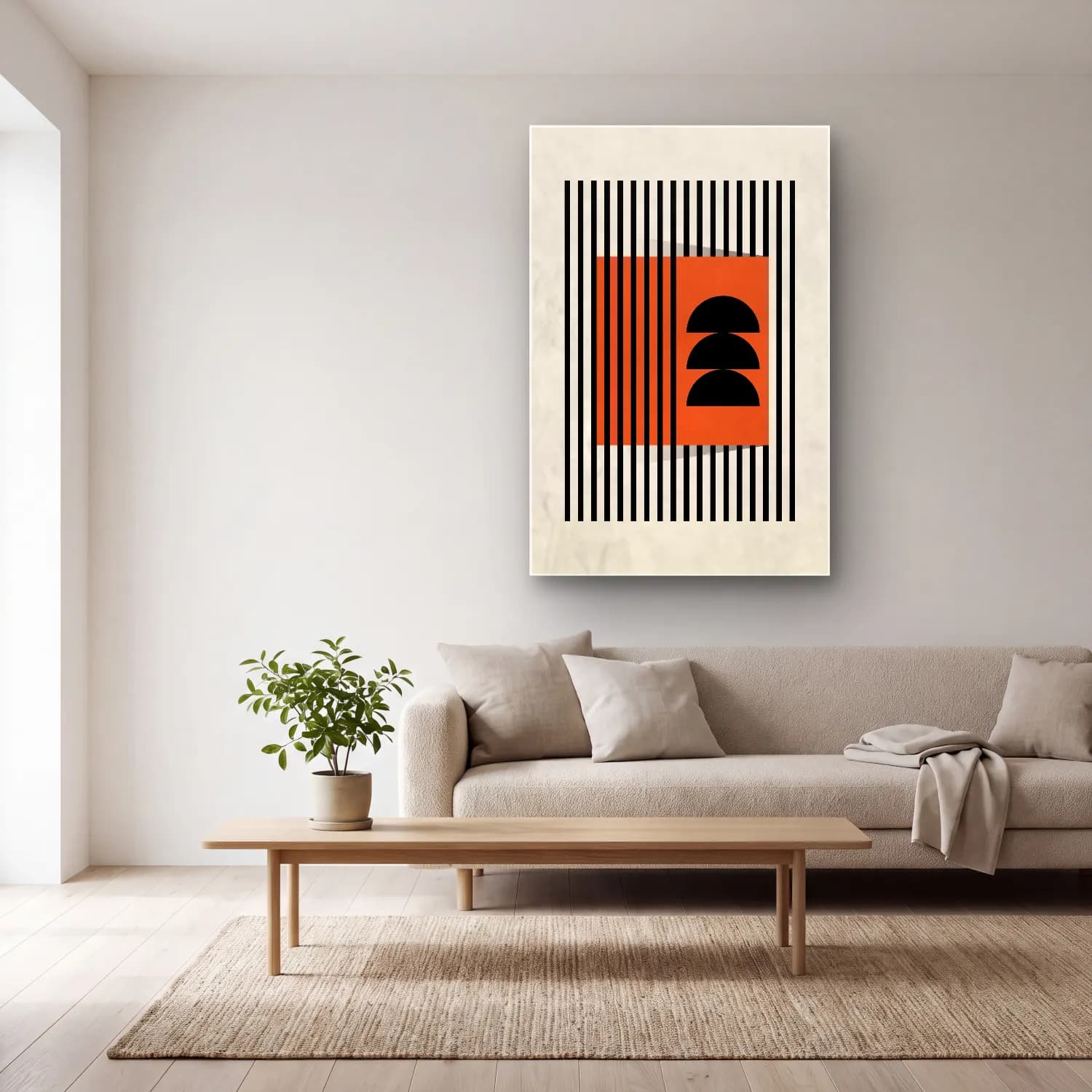 Bauhaus Soyut Kemer No. 18 cam tablo — açık renk salonda