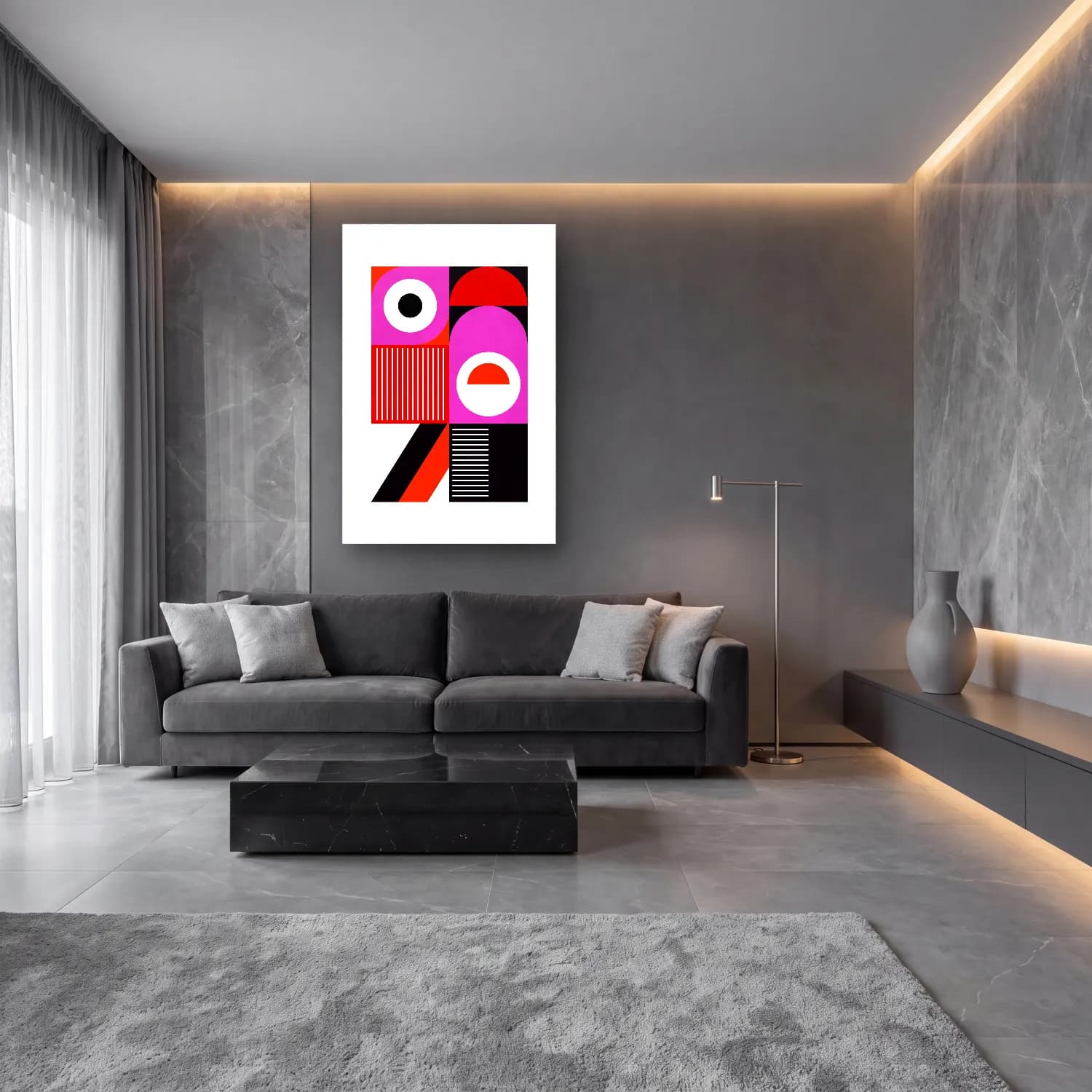 Bauhaus Soyut Yüz – Pembe Tonlar cam tablo — lüks salon duvarında