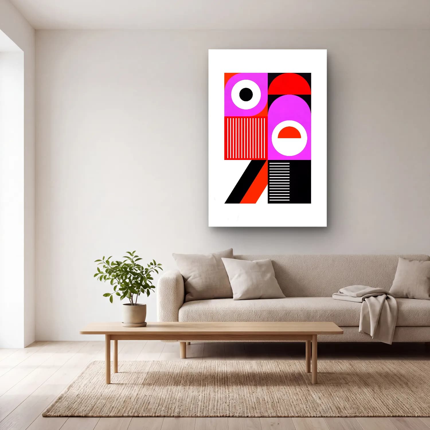 Bauhaus Soyut Yüz – Pembe Tonlar cam tablo — açık renk salonda