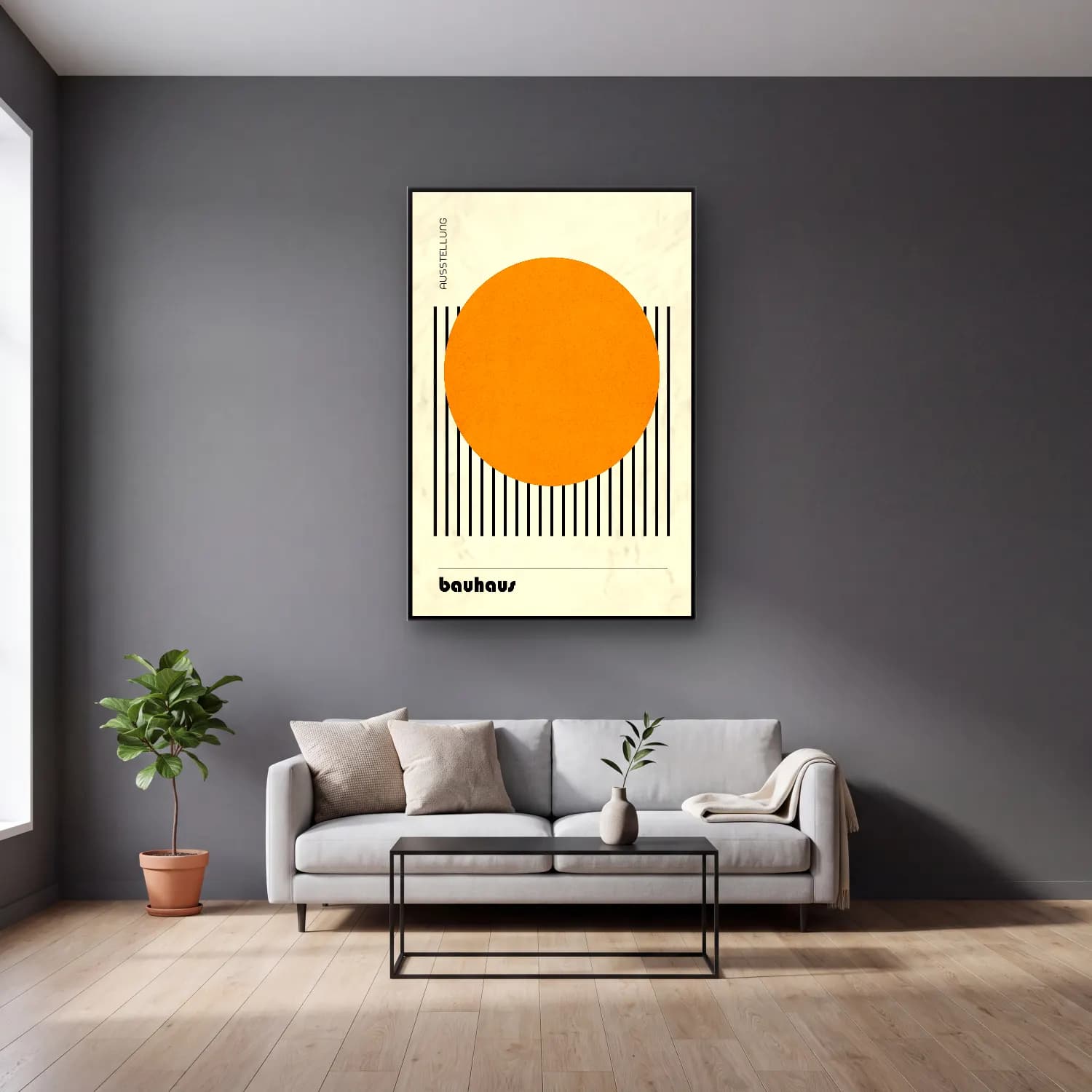 Bauhaus Geometrik Daireler No. 52 cam tablo — gri duvarlı salonda