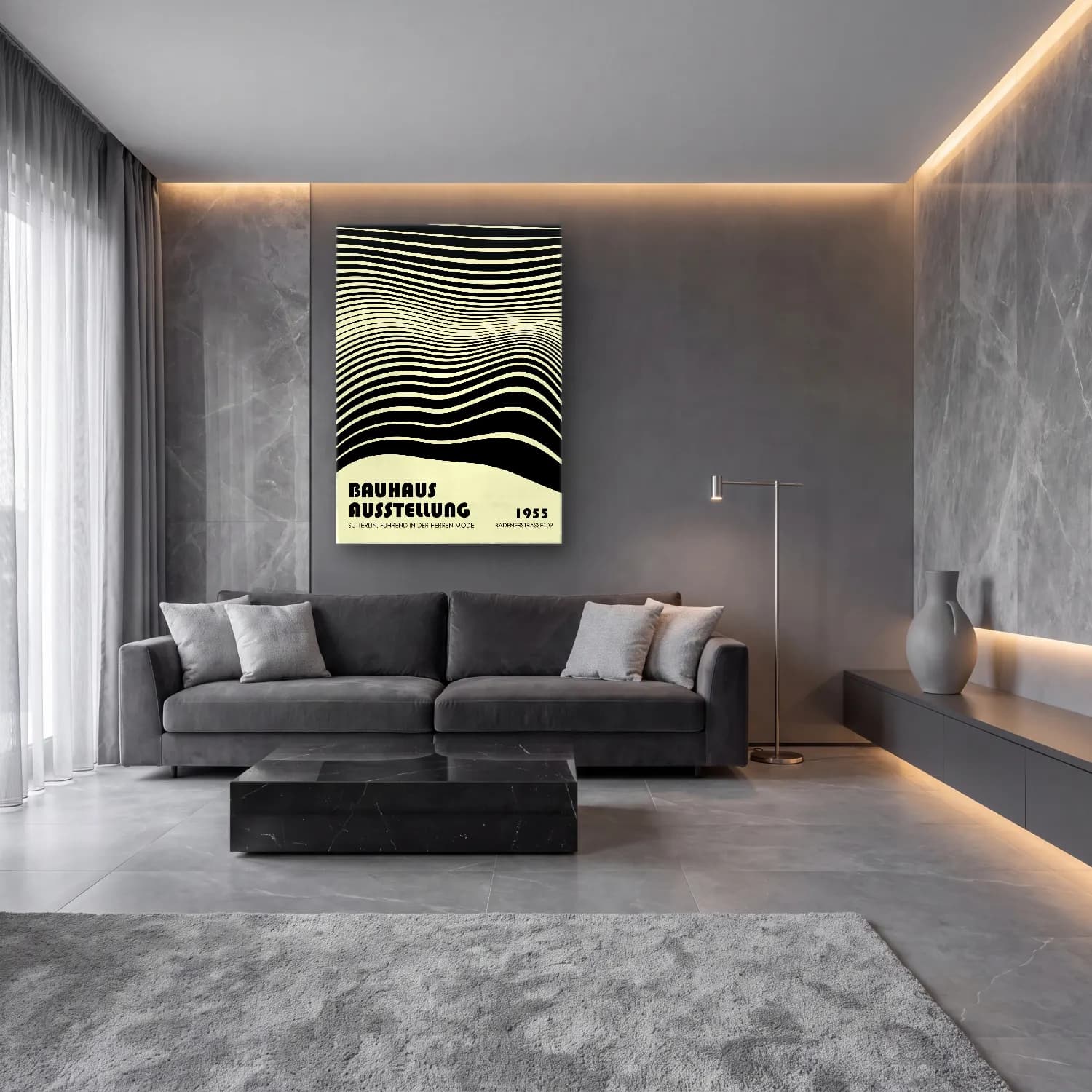 Bauhaus Dalgalı Çizgiler – Siyah Beyaz Tonlar cam tablo — lüks salon duvarında