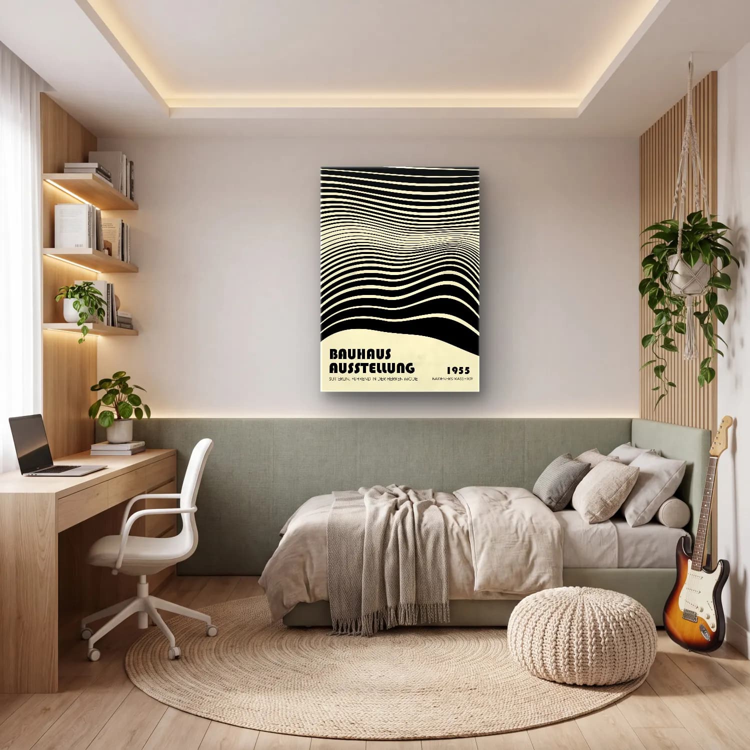 Bauhaus Dalgalı Çizgiler – Siyah Beyaz Tonlar cam tablo — genç odasında