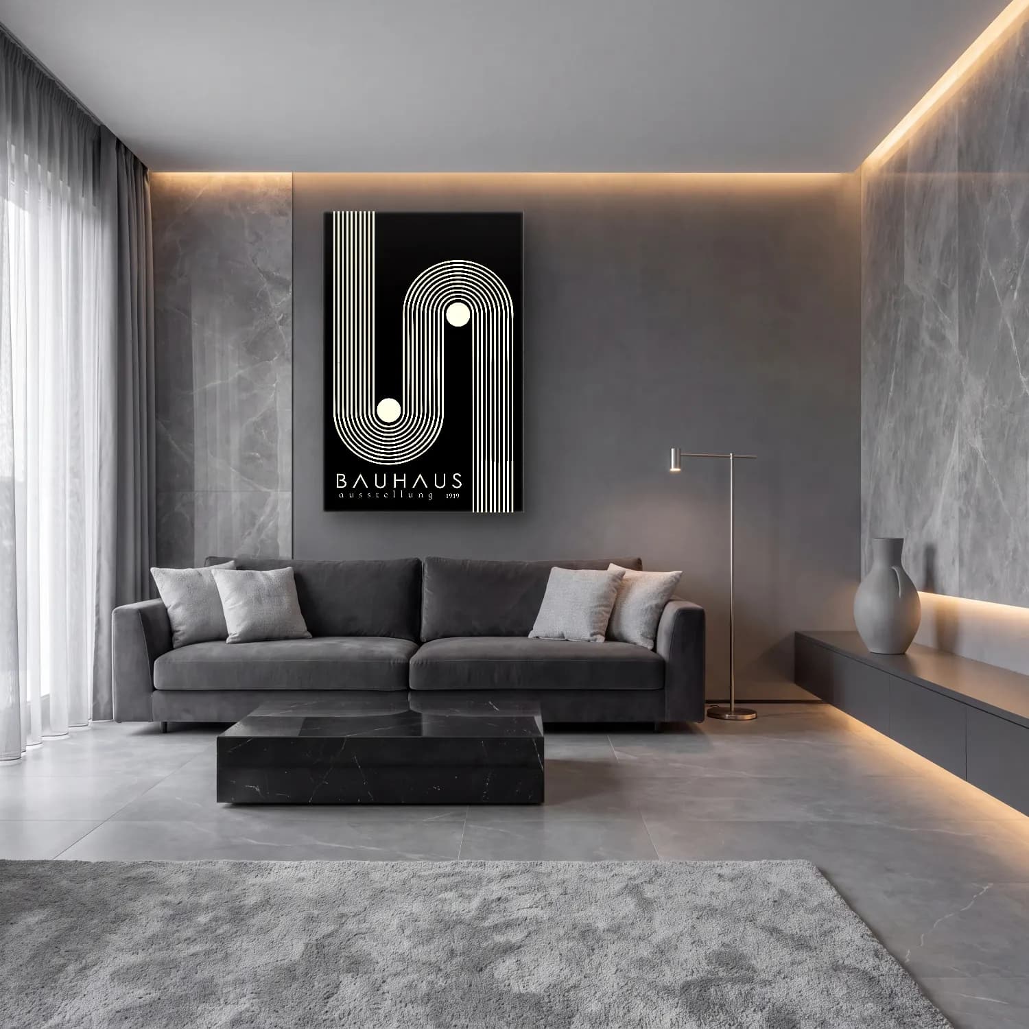 Bauhaus Soyut Kemer No. 20 cam tablo — lüks salon duvarında