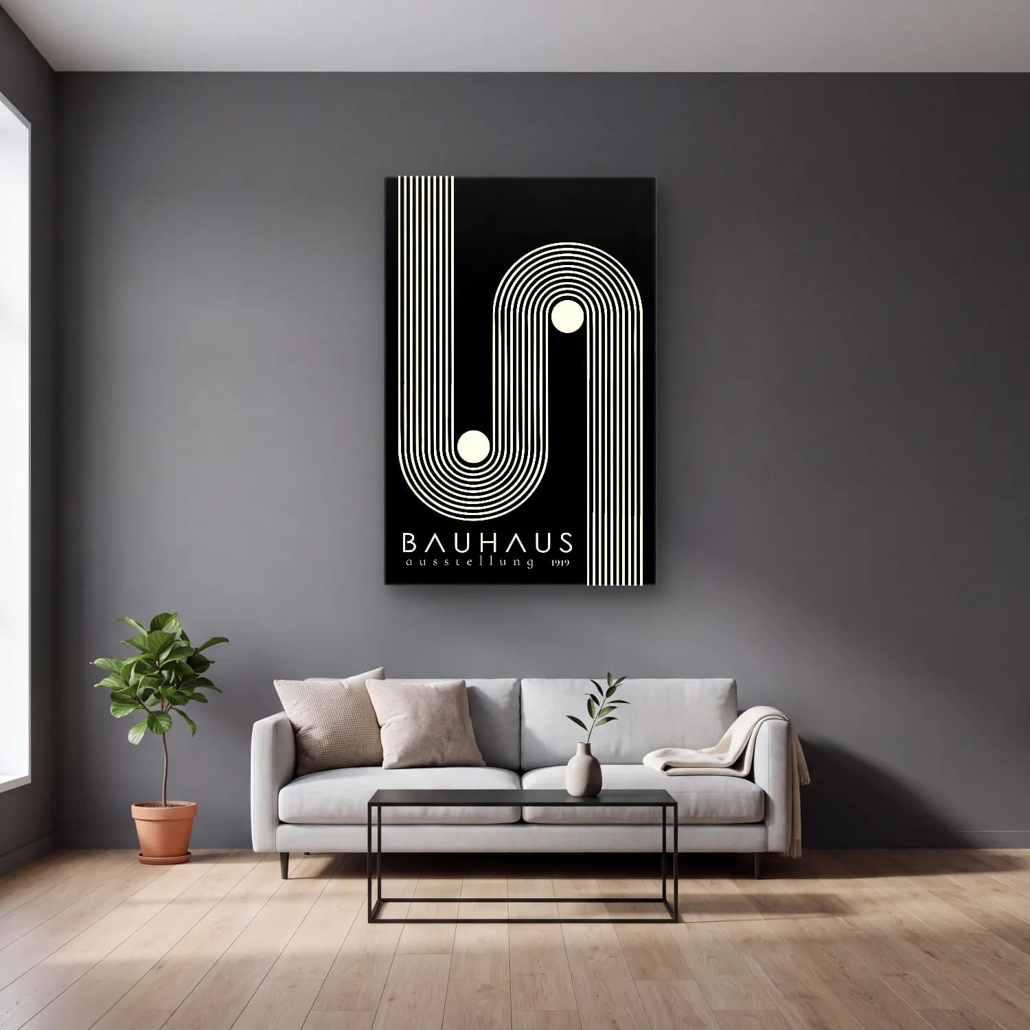 Bauhaus Soyut Kemer No. 20 cam tablo — gri duvarlı salonda