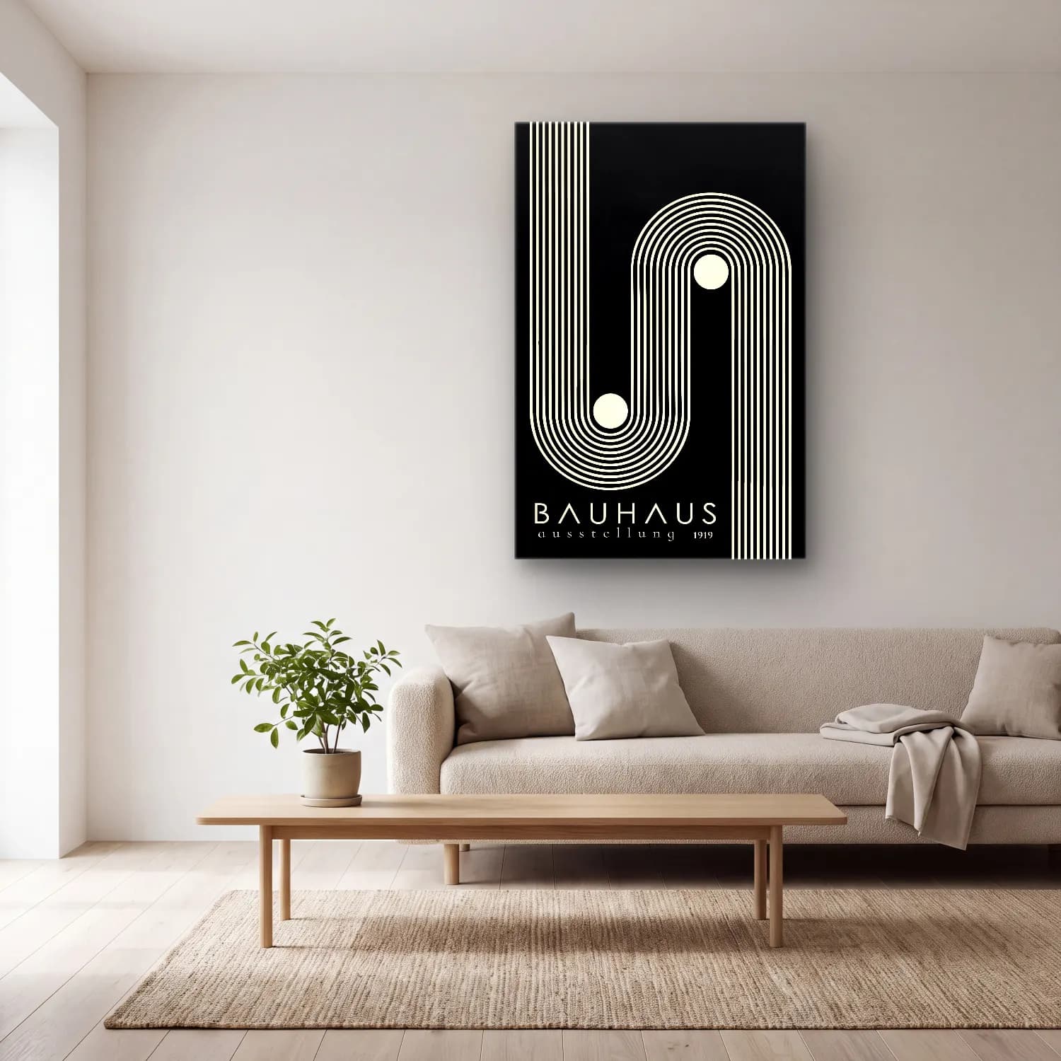 Bauhaus Soyut Kemer No. 20 cam tablo — açık renk salonda
