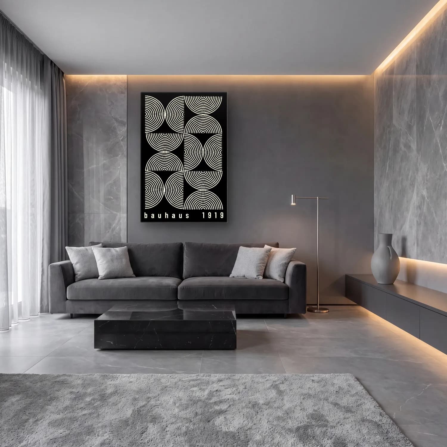 Siyah Beyaz Geometrik Daireler No. 8 cam tablo — lüks salon duvarında