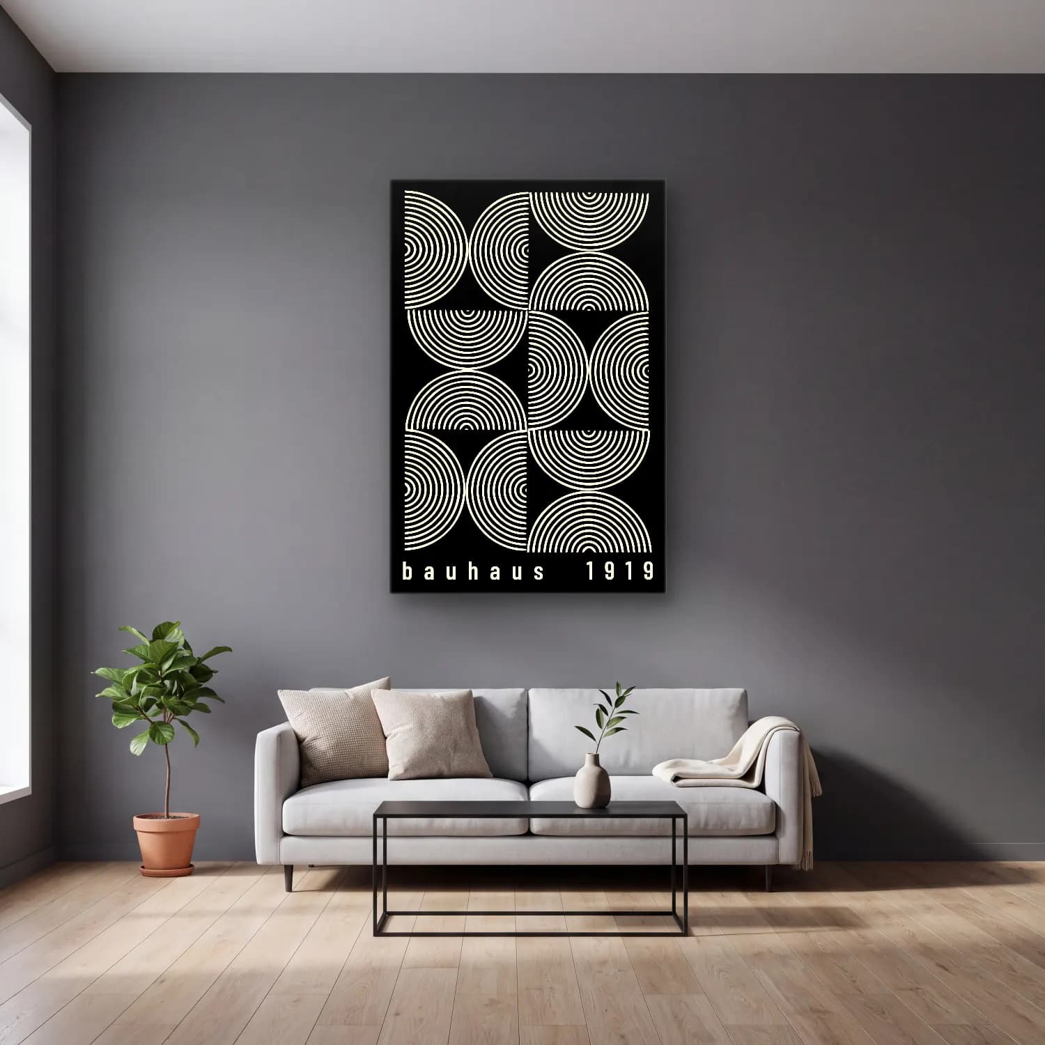 Siyah Beyaz Geometrik Daireler No. 8 cam tablo — gri duvarlı salonda