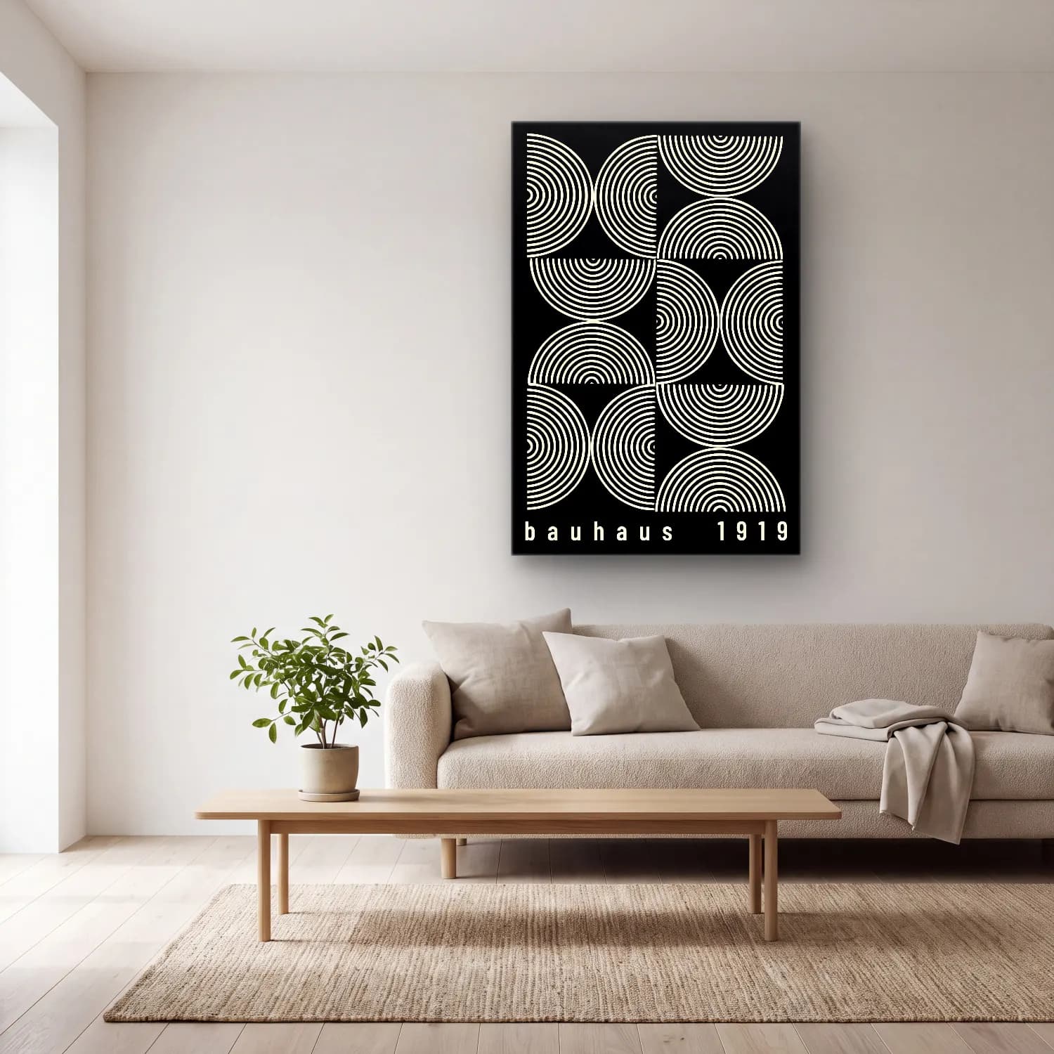 Siyah Beyaz Geometrik Daireler No. 8 cam tablo — açık renk salonda