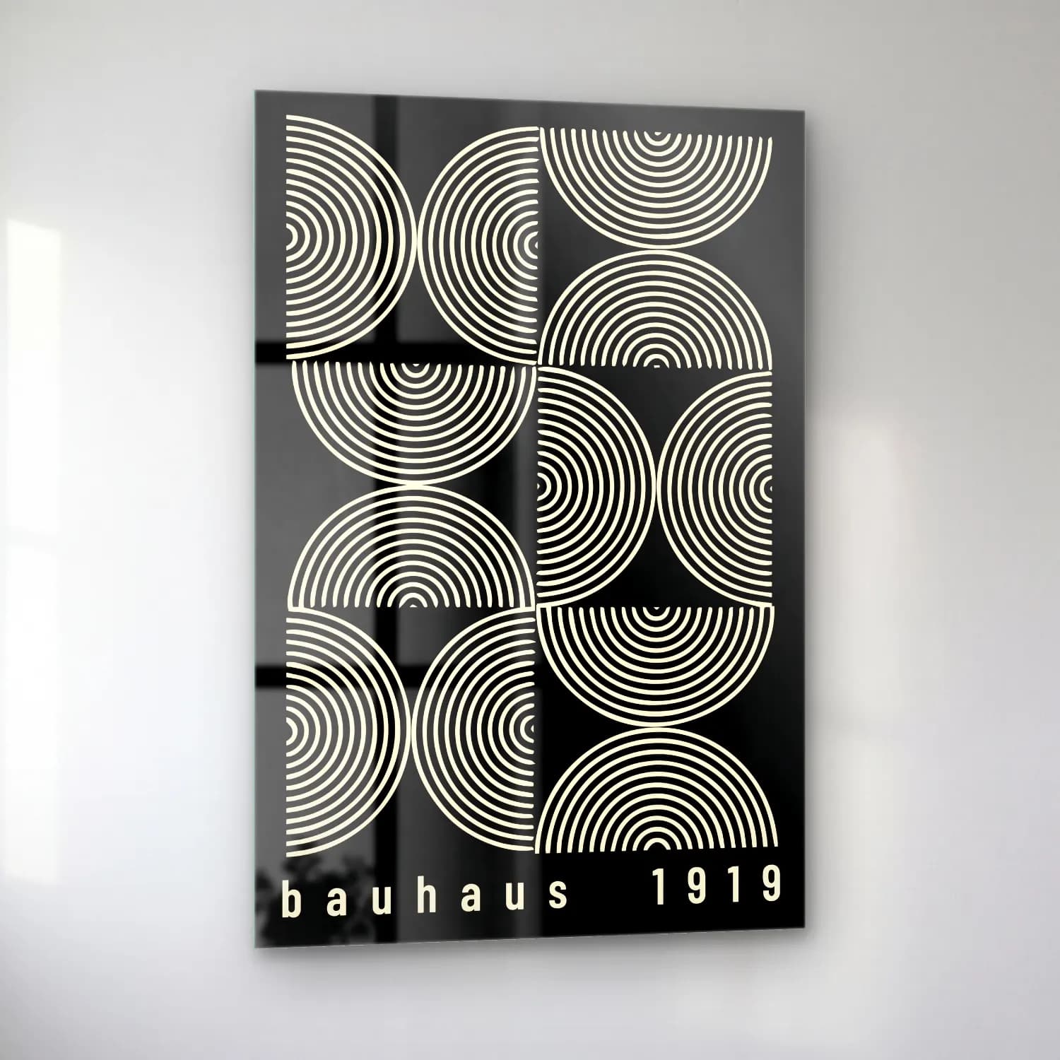 Siyah Beyaz Geometrik Daireler No. 8 cam tablo — sol açıdan görünüm