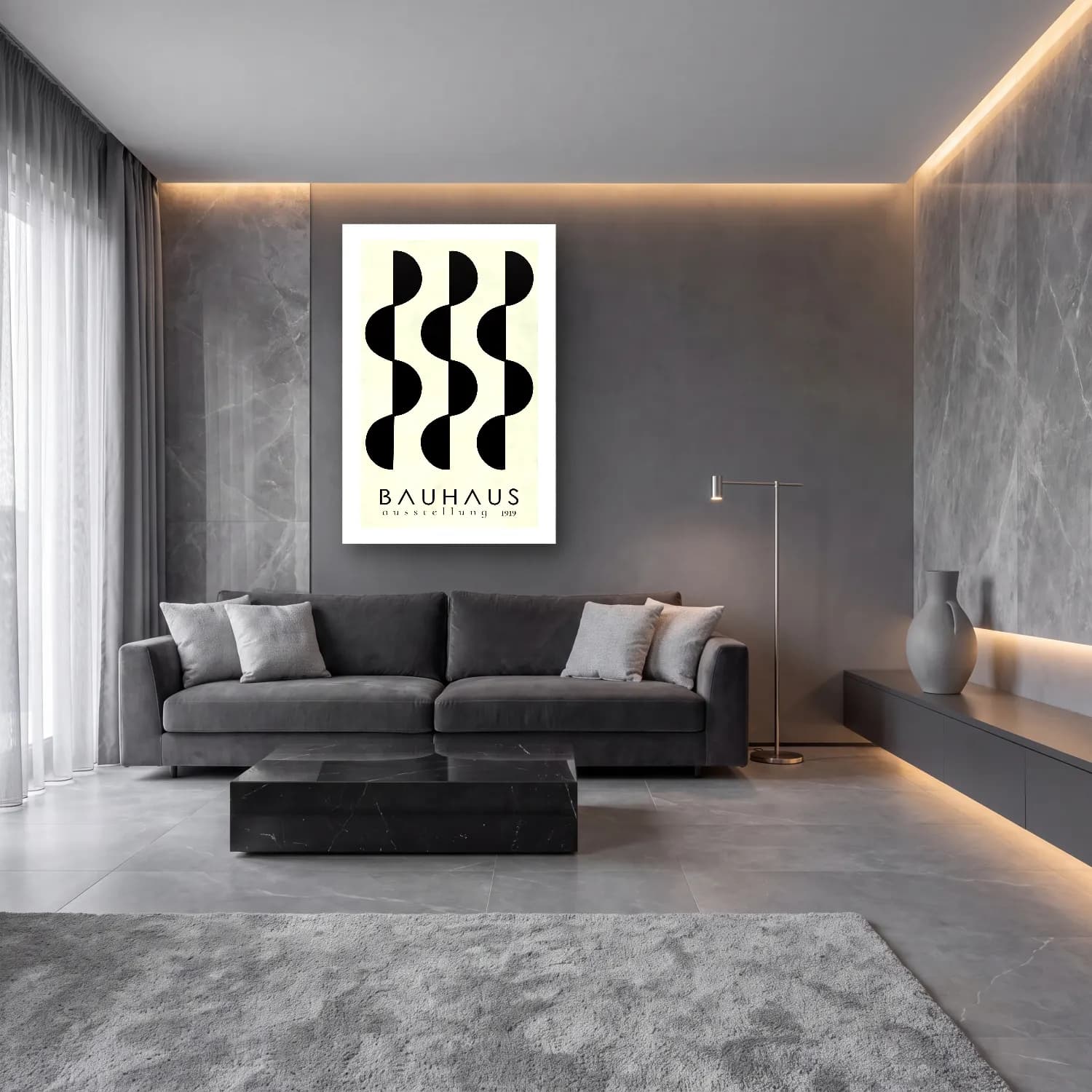 Bauhaus Dalgalı Çizgiler No. 5 cam tablo — lüks salon duvarında