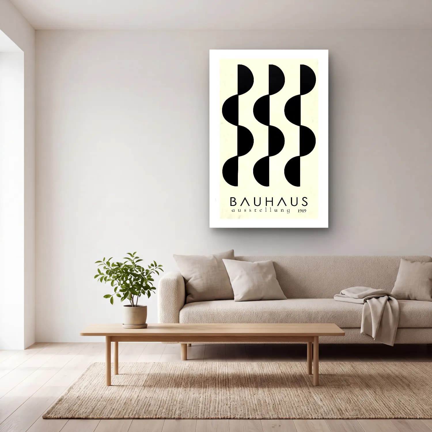 Bauhaus Dalgalı Çizgiler No. 5 cam tablo — açık renk salonda