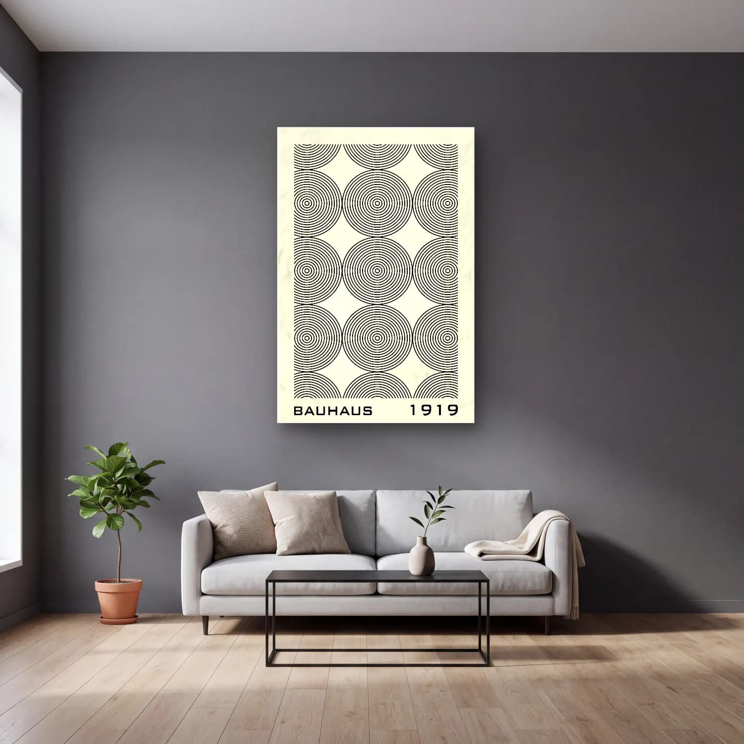 Retro Geometrik Daireler No. 25 cam tablo — gri duvarlı salonda