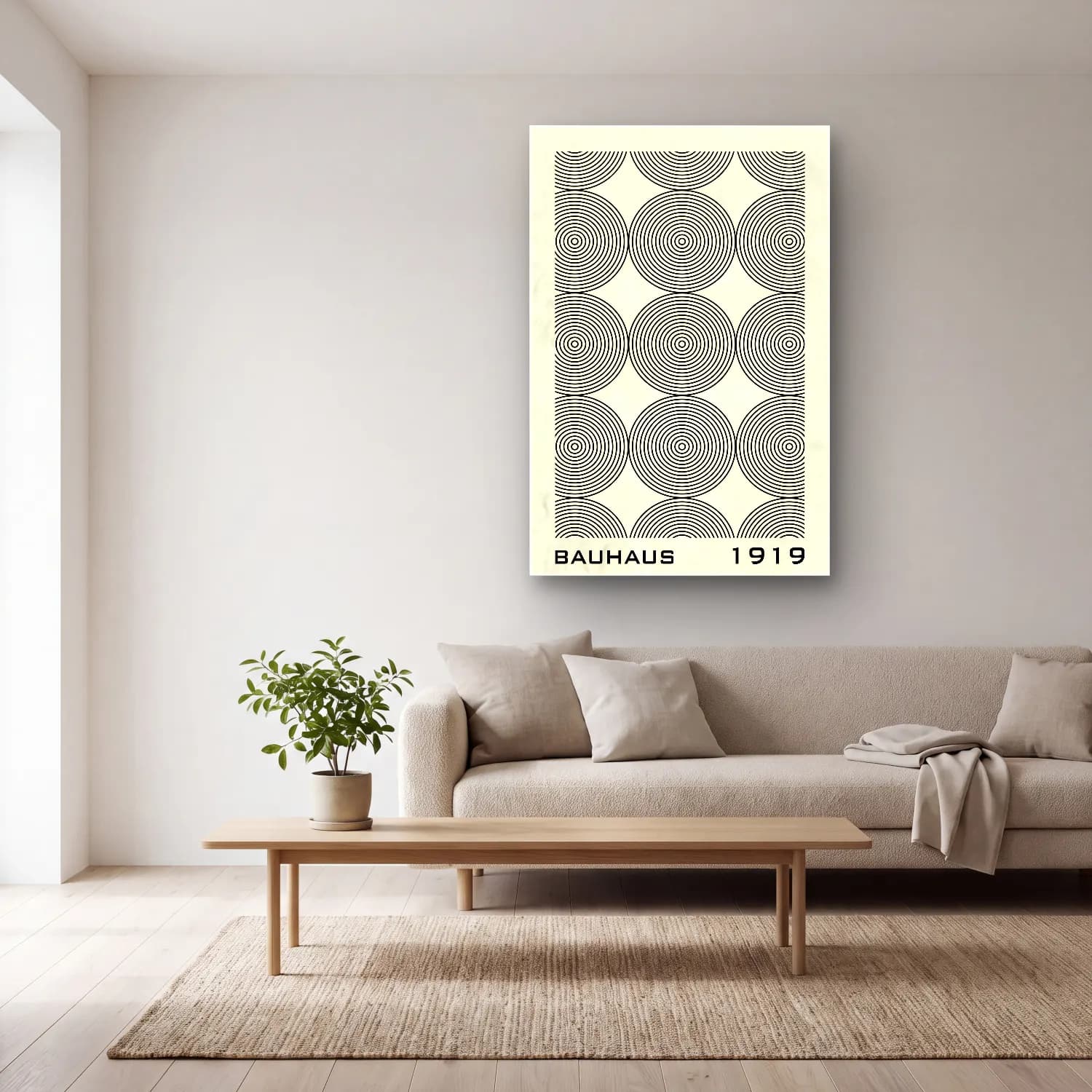 Retro Geometrik Daireler No. 25 cam tablo — açık renk salonda
