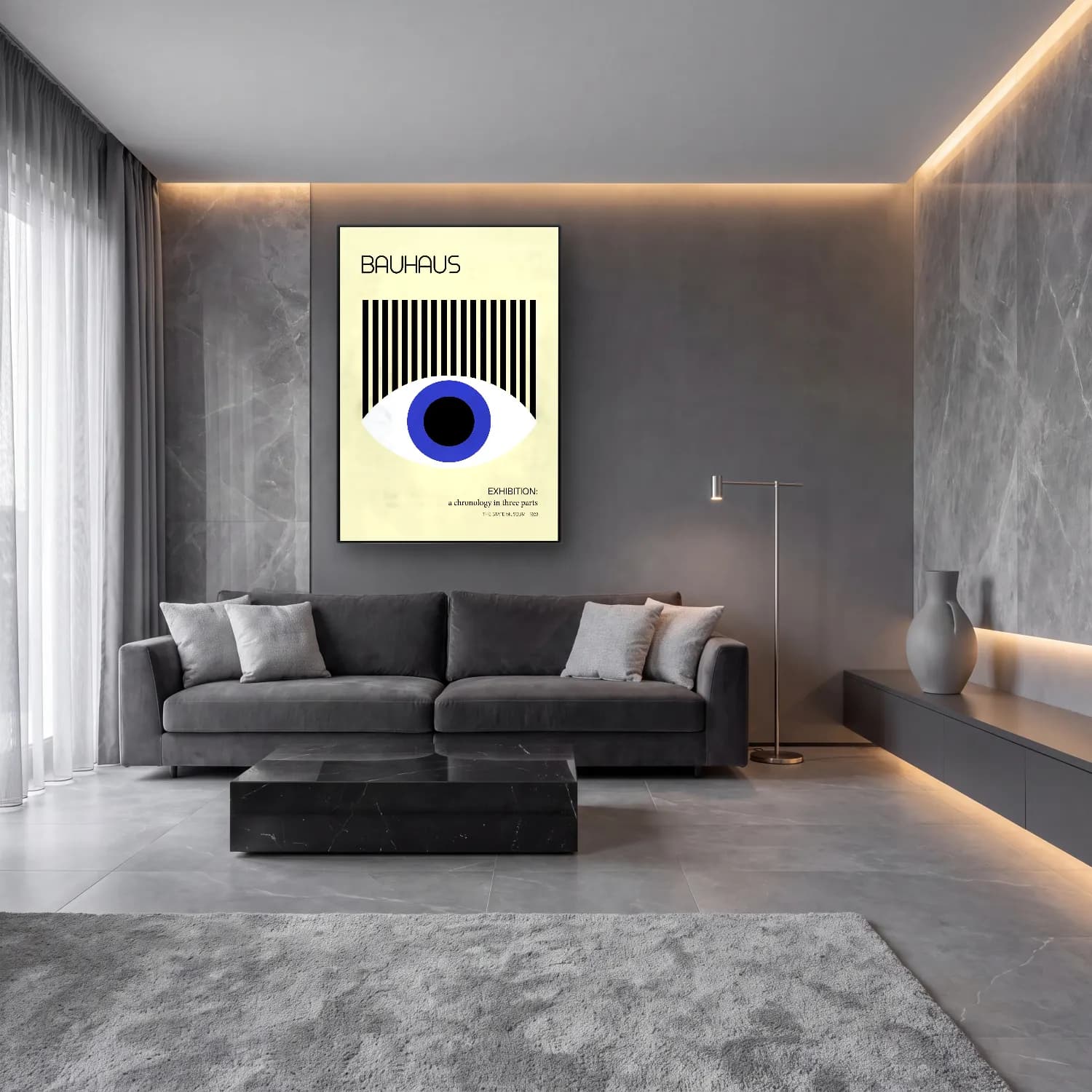 Bauhaus Yazılı Tasarım No. 13 cam tablo — lüks salon duvarında