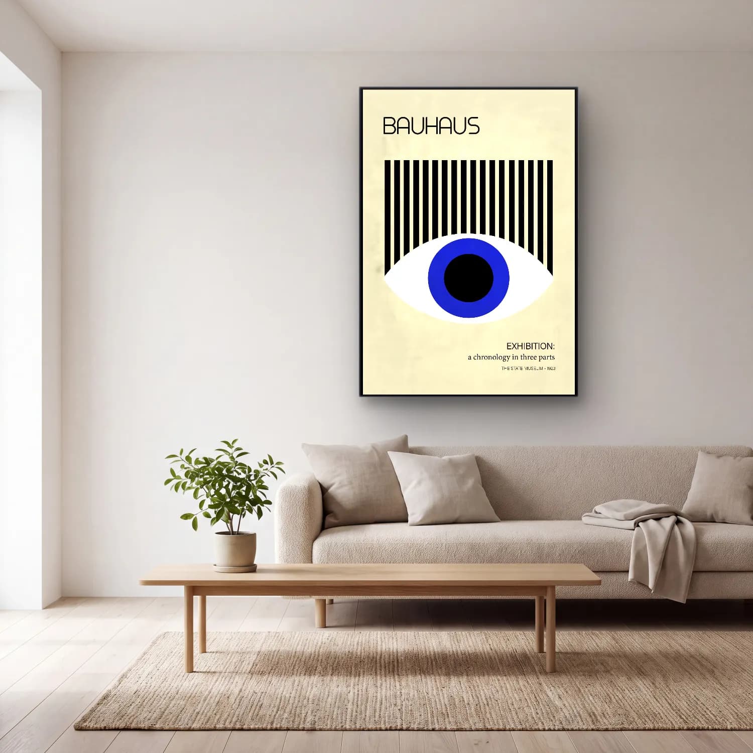 Bauhaus Yazılı Tasarım No. 13 cam tablo — açık renk salonda