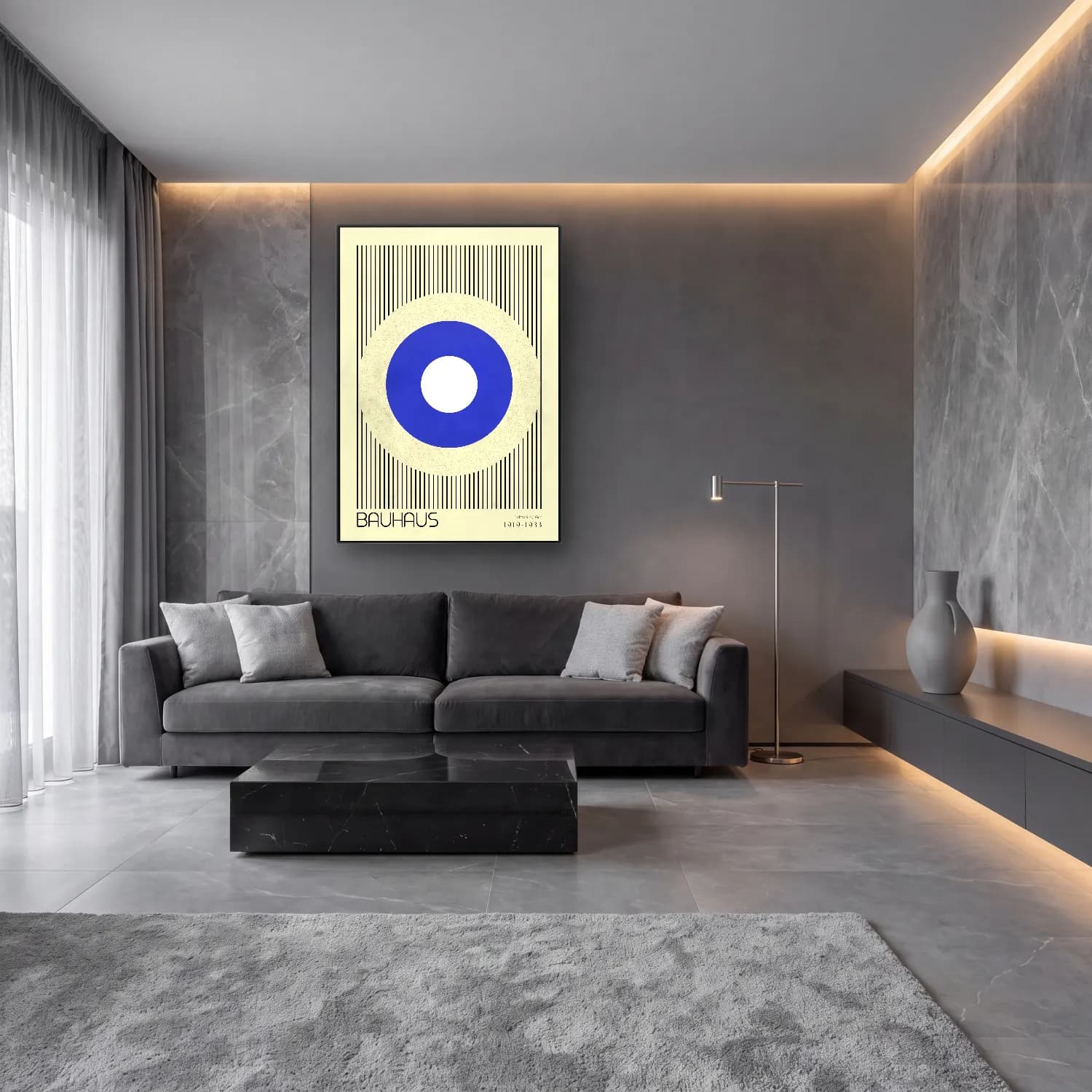 Bauhaus Geometrik Daireler No. 55 cam tablo — lüks salon duvarında