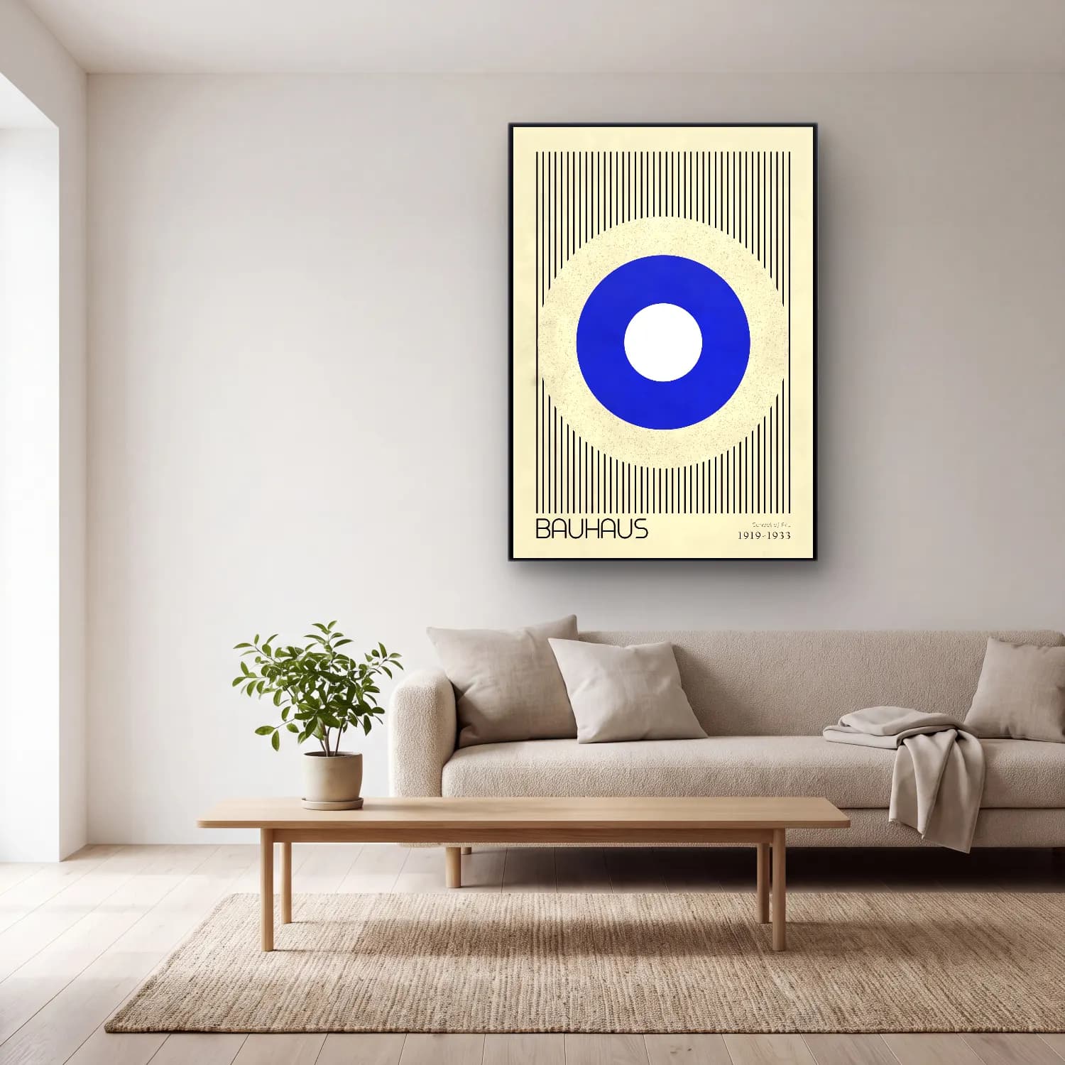 Bauhaus Geometrik Daireler No. 55 cam tablo — açık renk salonda