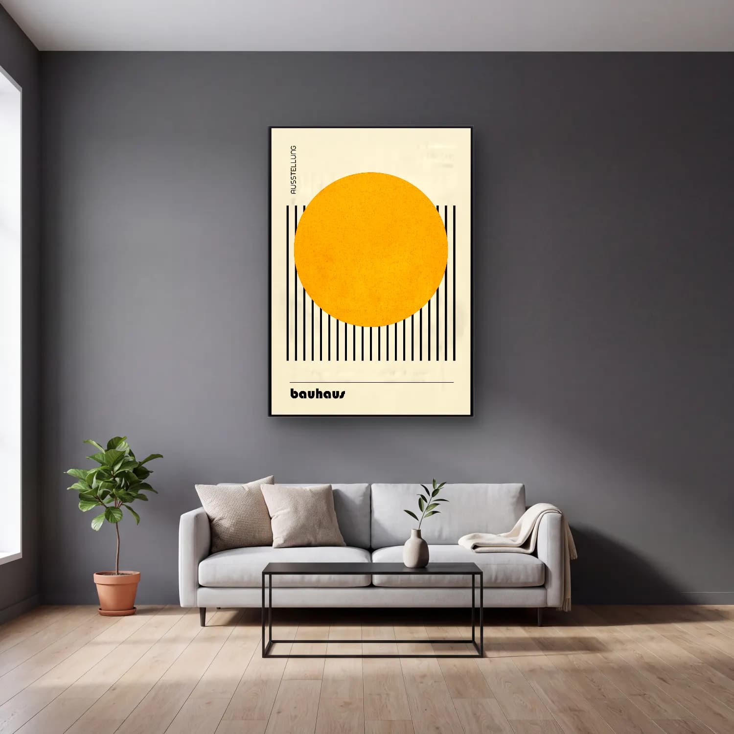 Bauhaus Geometrik Daireler No. 56 cam tablo — gri duvarlı salonda