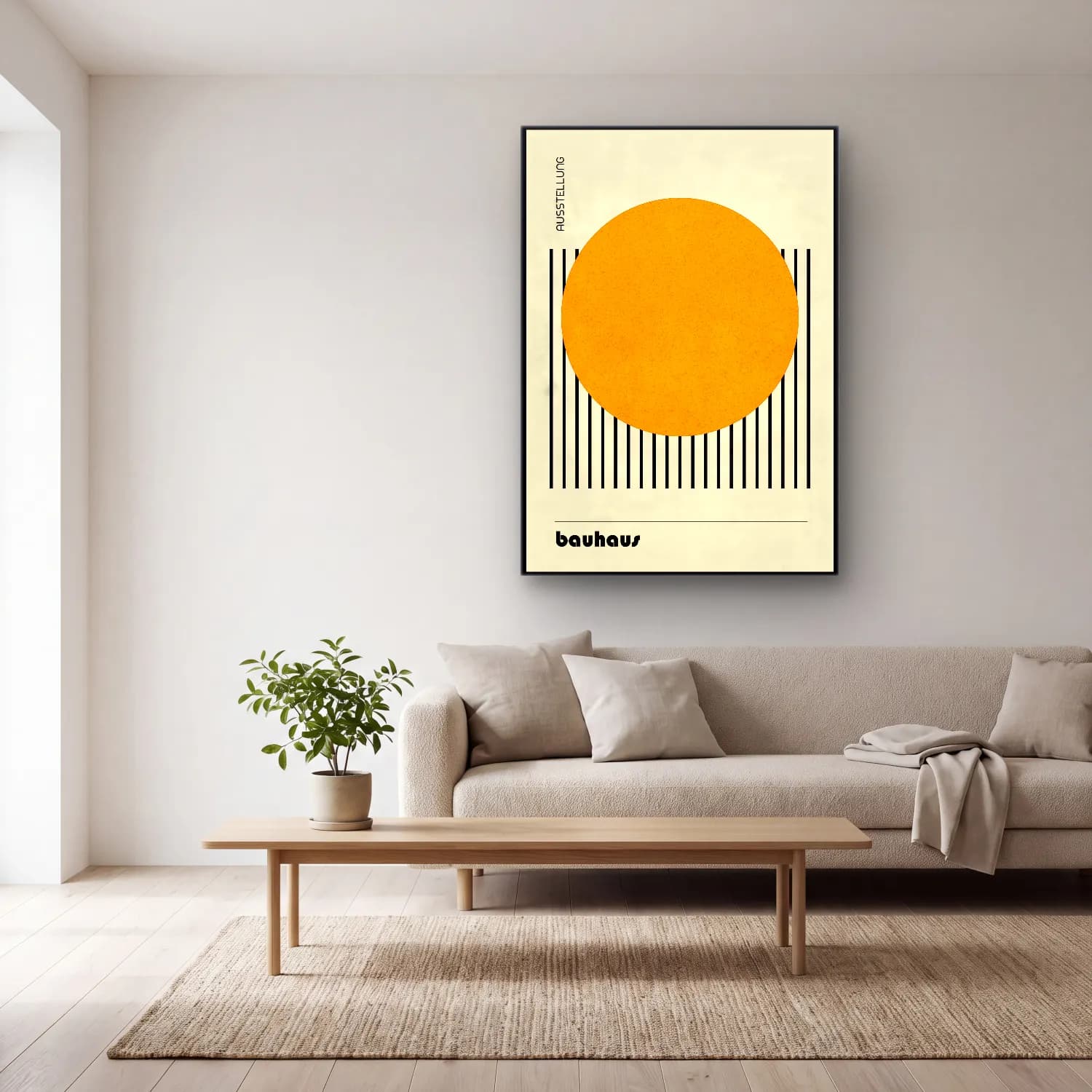 Bauhaus Geometrik Daireler No. 56 cam tablo — açık renk salonda