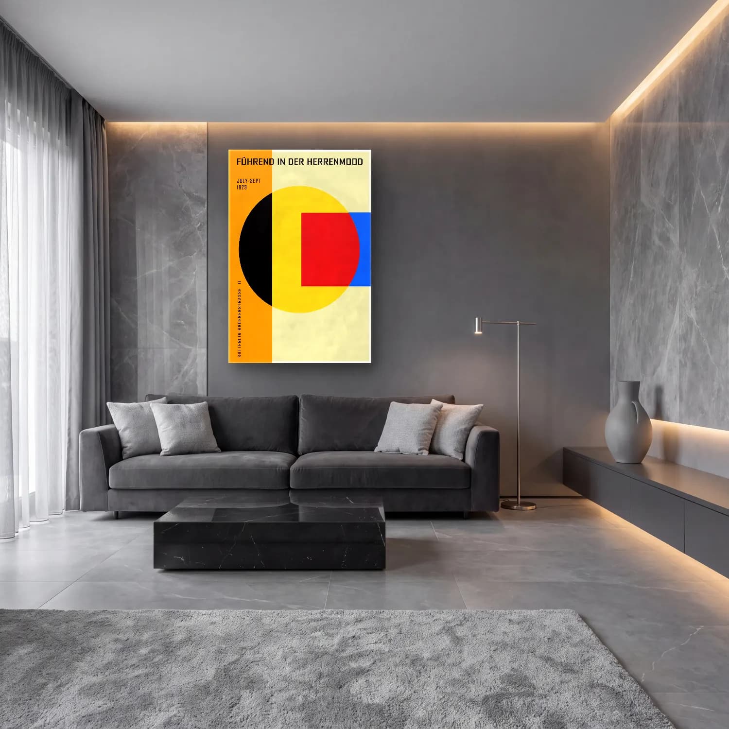 Bauhaus Soyut Formlar – Sarı Tonlar cam tablo — lüks salon duvarında