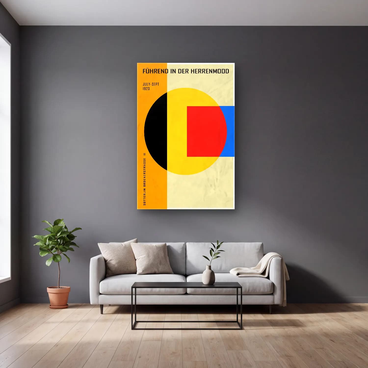 Bauhaus Soyut Formlar – Sarı Tonlar cam tablo — gri duvarlı salonda