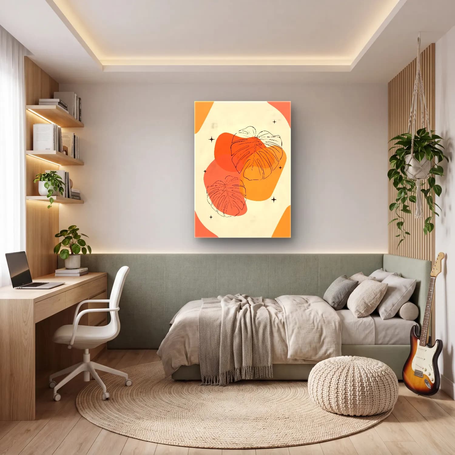 Boho Monstera Yaprağı cam tablo — genç odasında