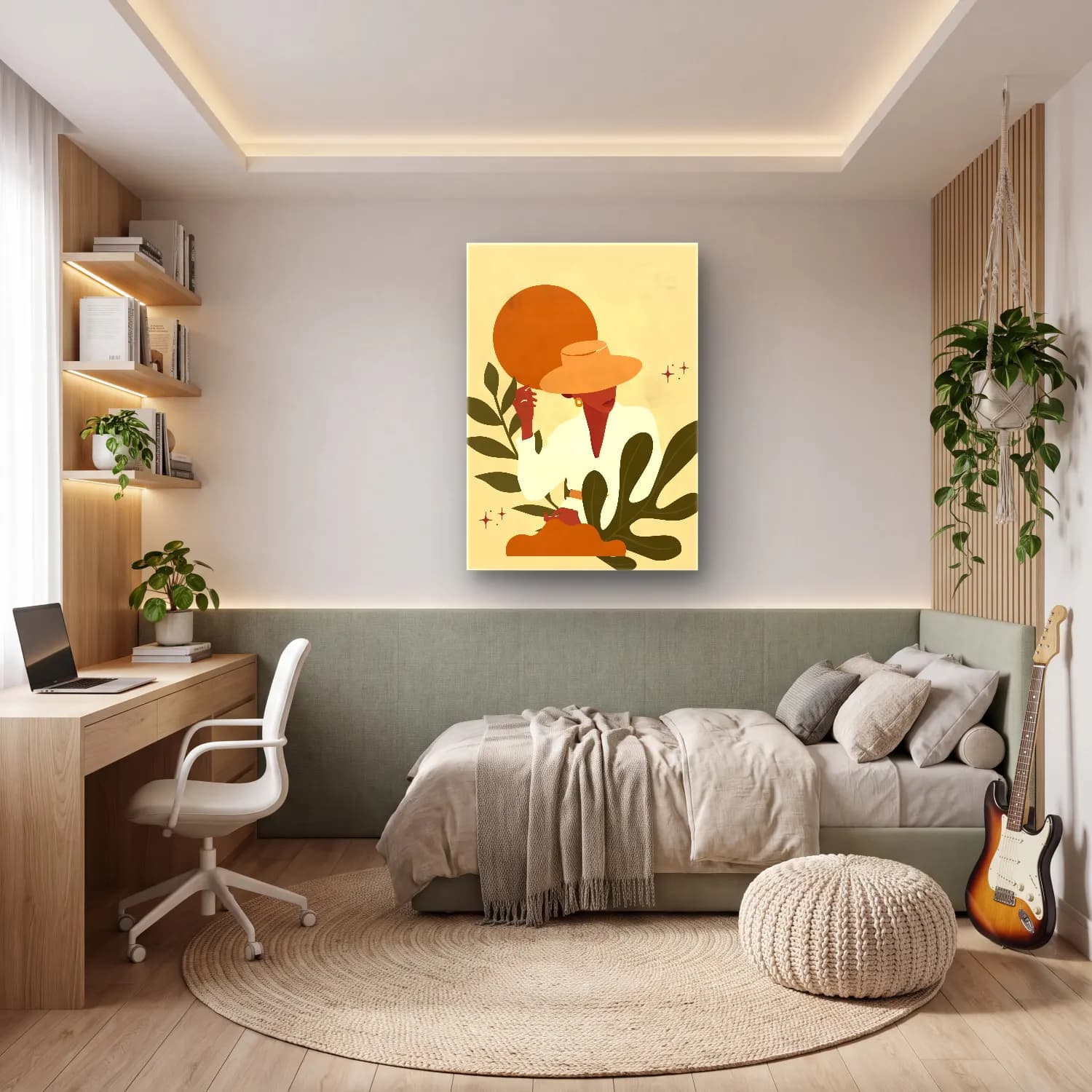 Boho Şapkalı Kadın cam tablo — genç odasında