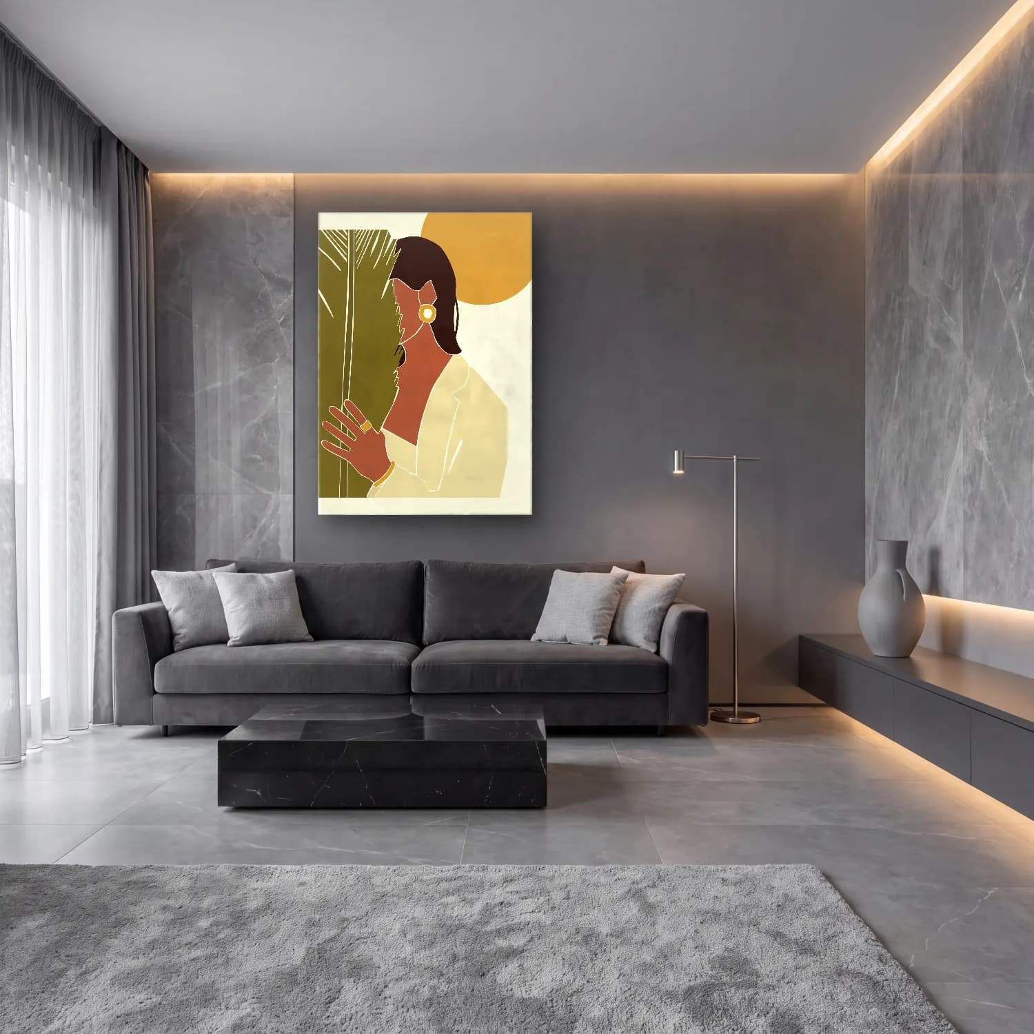 Boho Kadın Silueti cam tablo — lüks salon duvarında