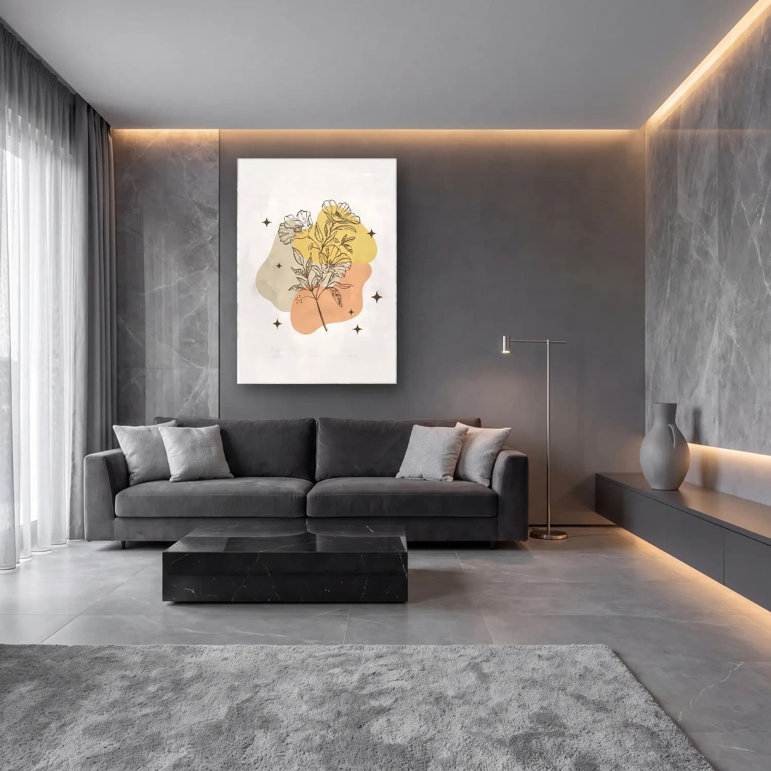 Botanik İllüstrasyon Çiçek Deseni cam tablo — lüks salon duvarında