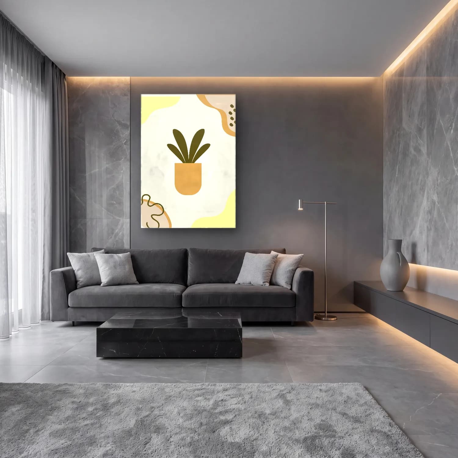 Boho Vazo No. 4 cam tablo — lüks salon duvarında