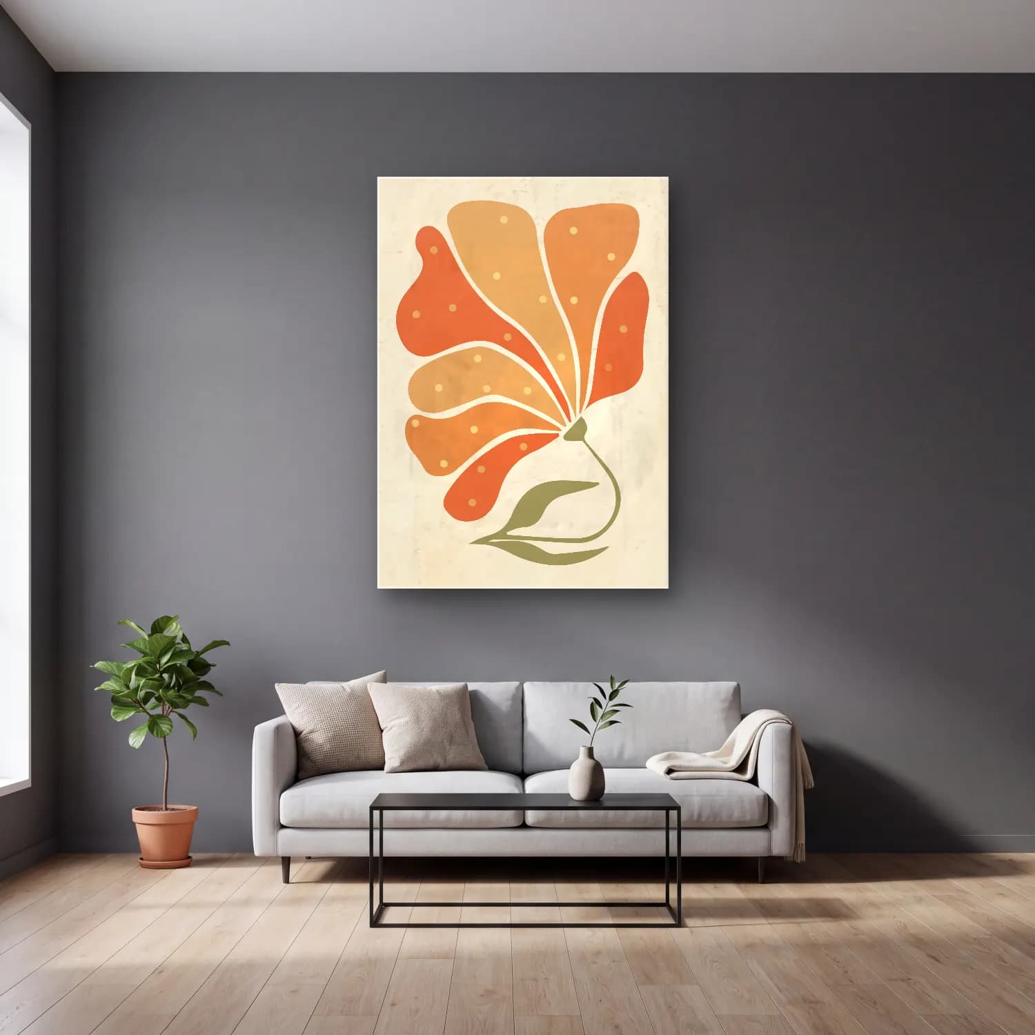 Boho Çiçek Deseni No. 5 cam tablo — gri duvarlı salonda