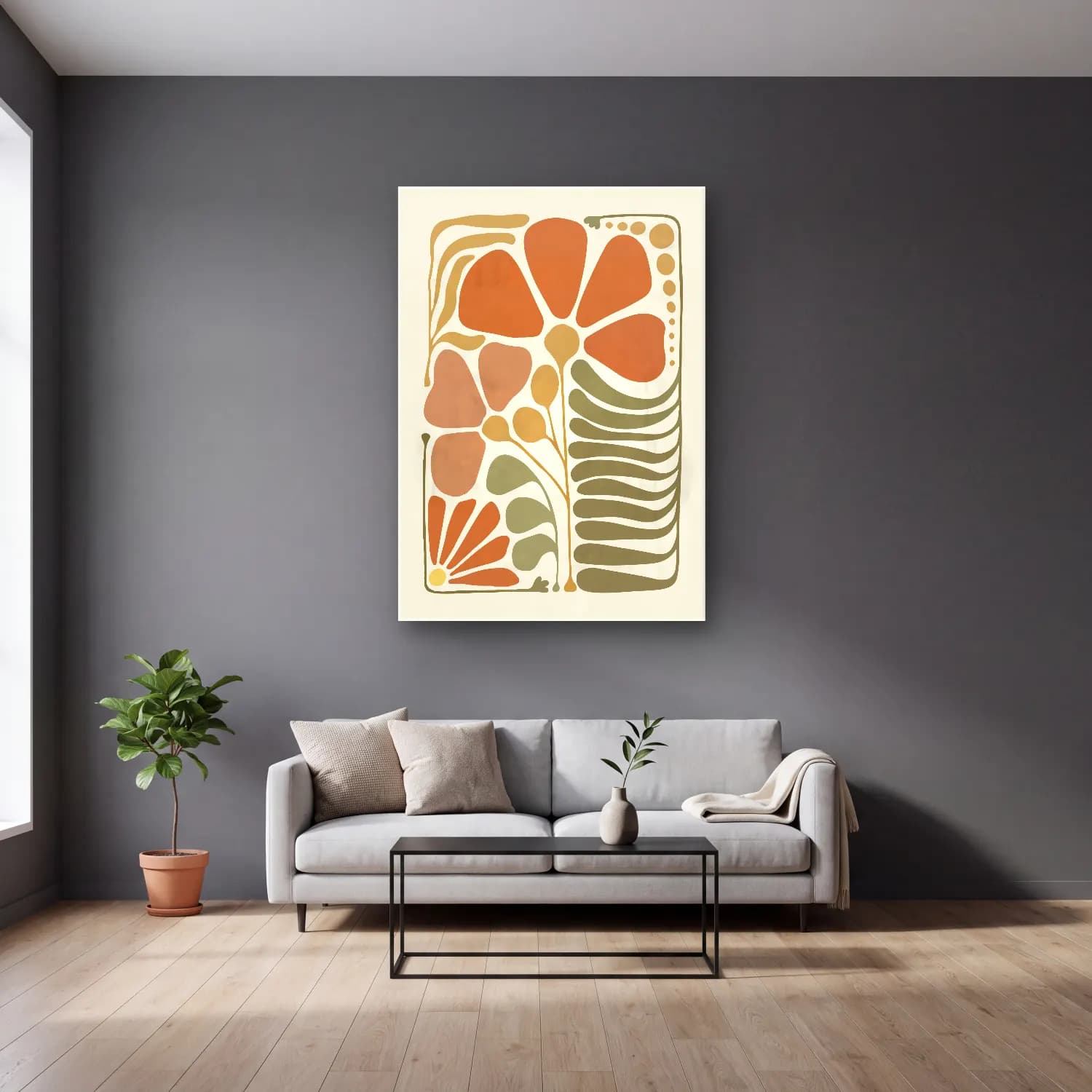 Boho Çiçek Deseni No. 6 cam tablo — gri duvarlı salonda