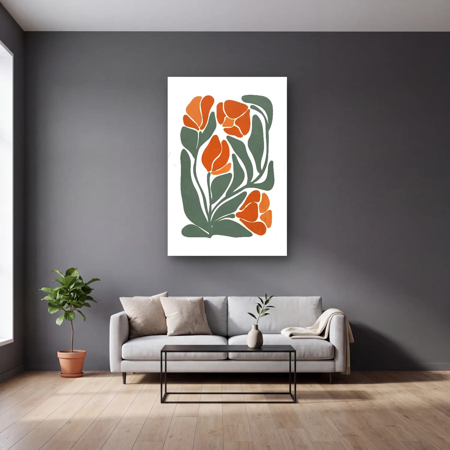 Boho Çiçek Deseni No. 8 cam tablo — gri duvarlı salonda