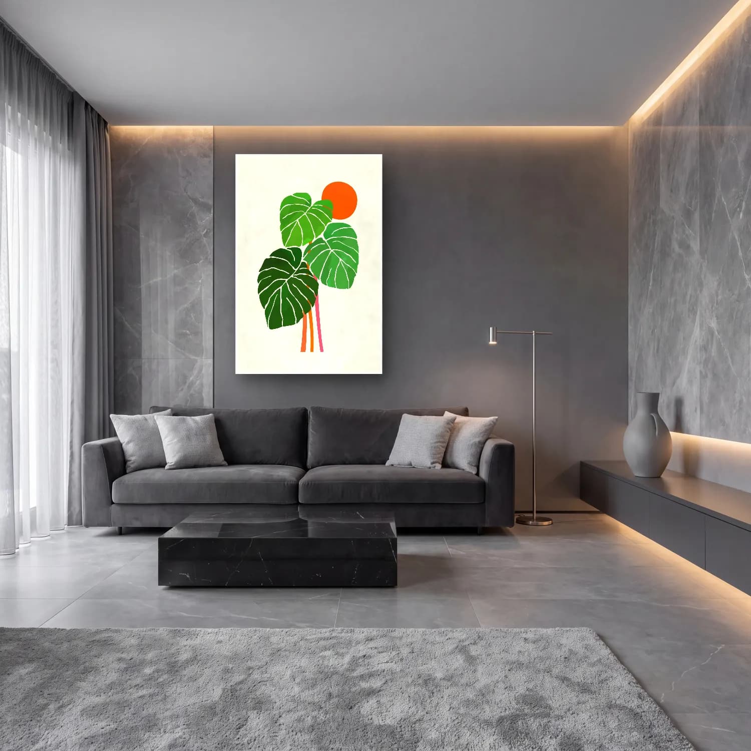 Boho Monstera Yaprağı – Yeşil Tonlar cam tablo — lüks salon duvarında