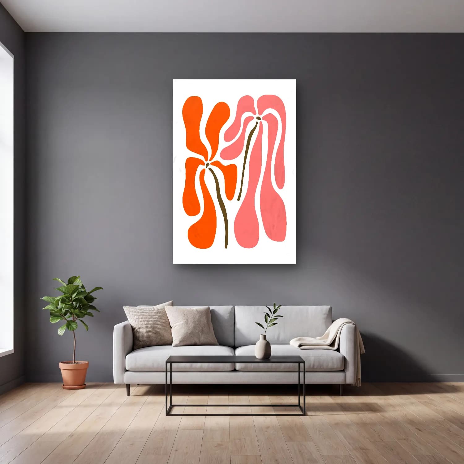 Boho Çiçek Deseni – Pembe Tonlar cam tablo — gri duvarlı salonda