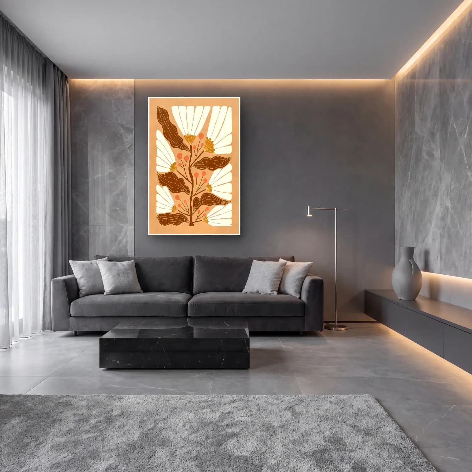 Boho Çiçek Deseni No. 10 cam tablo — lüks salon duvarında