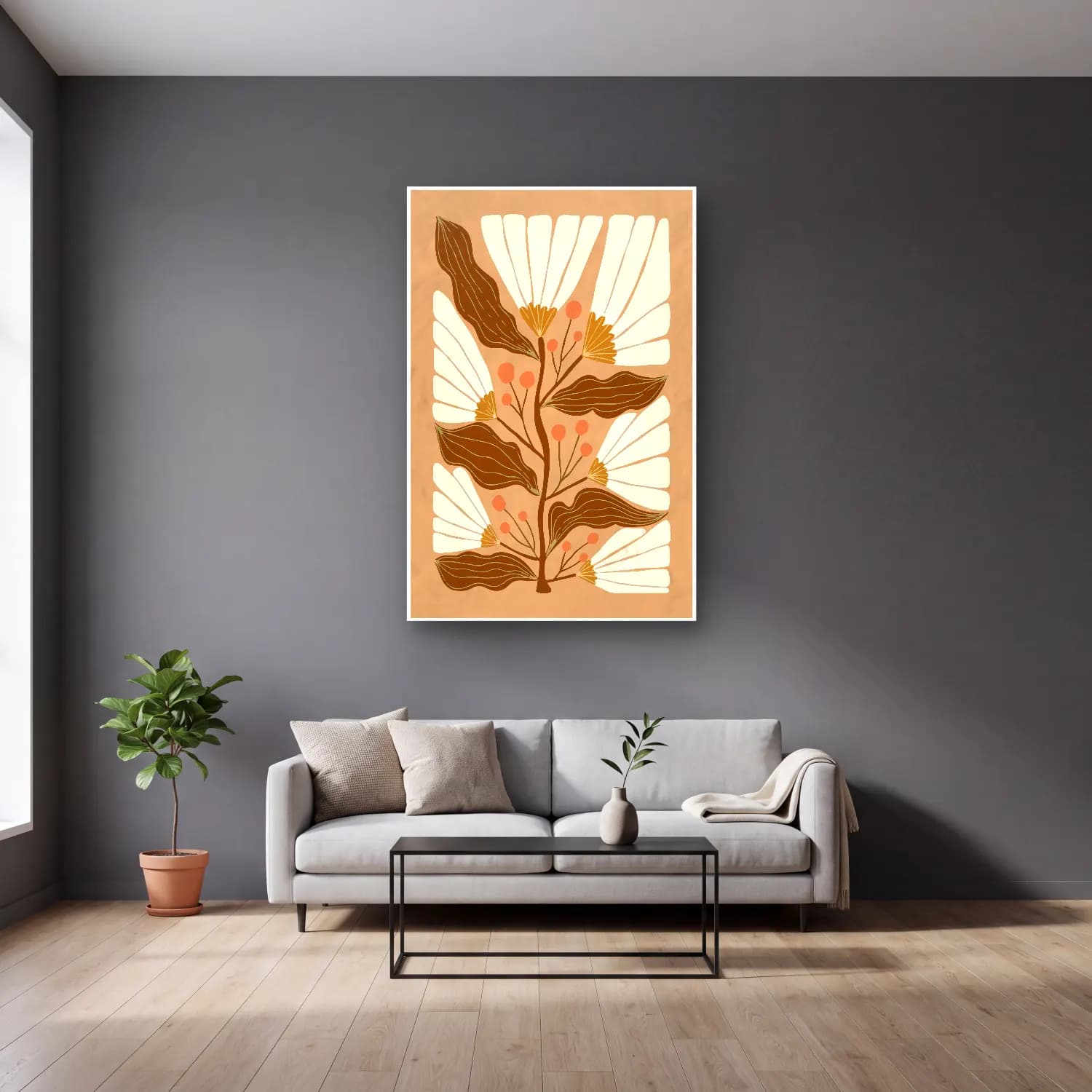 Boho Çiçek Deseni No. 10 cam tablo — gri duvarlı salonda
