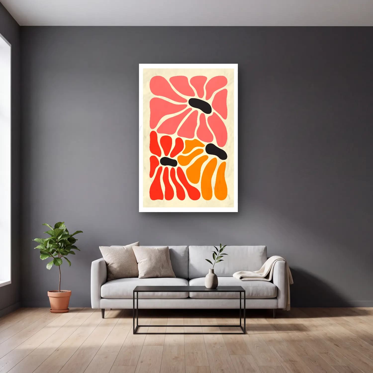Boho Çiçek Deseni No. 12 cam tablo — gri duvarlı salonda