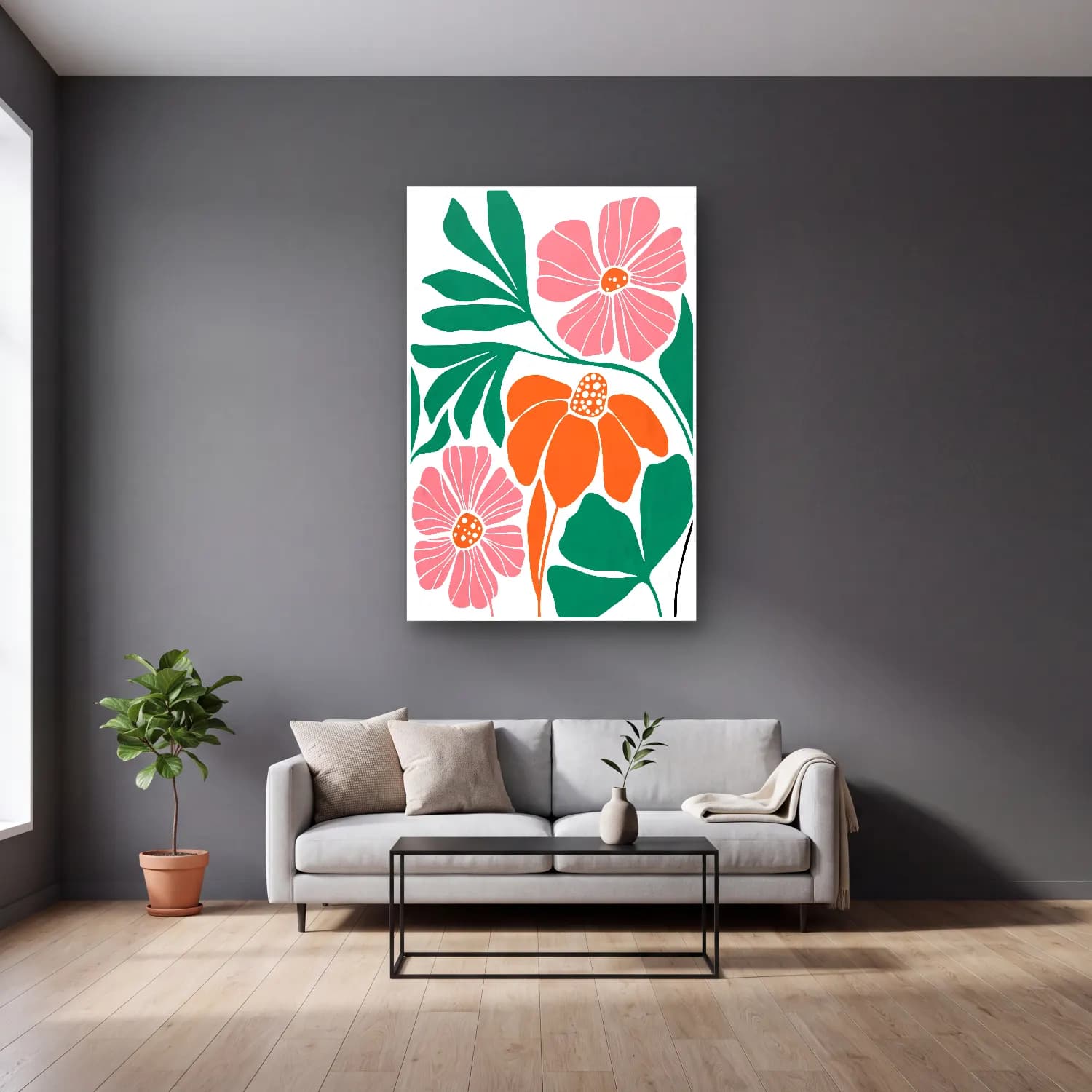 Boho Çiçek Deseni No. 14 cam tablo — gri duvarlı salonda